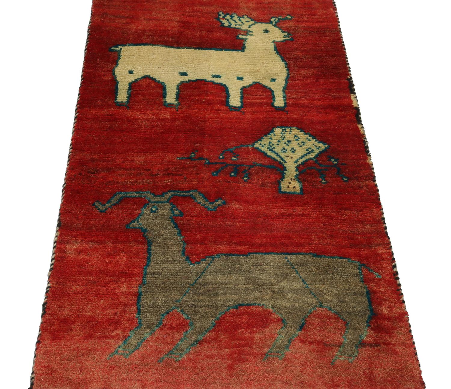 Turkish Vintage Gabbeh Tribal Rug in Red with Beige-Brown Pictorial by Rug & Kilim For Sale