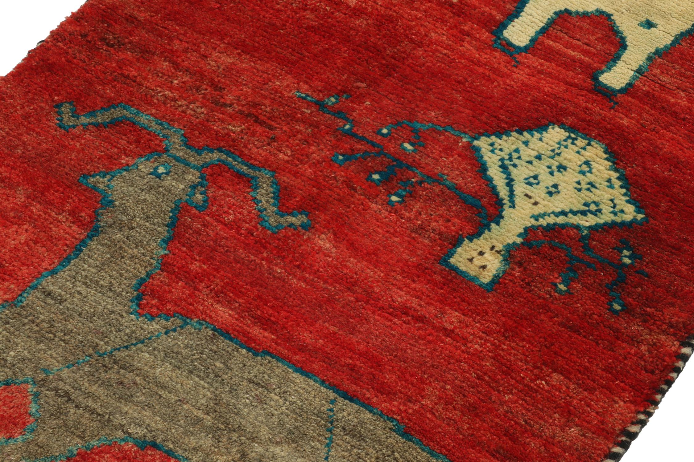 Hand-Knotted Vintage Gabbeh Tribal Rug in Red with Beige-Brown Pictorial by Rug & Kilim For Sale