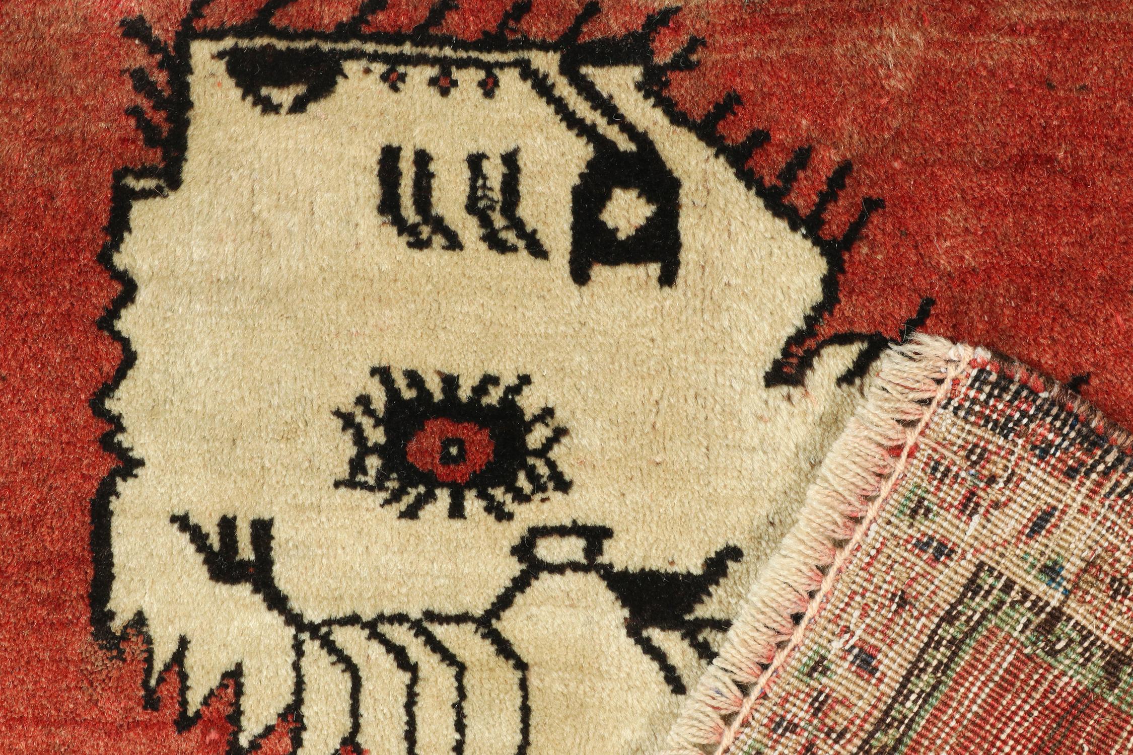 Wool Vintage Gabbeh Tribal Rug in Red with Beige Pictorial and Floral by Rug & Kilim For Sale