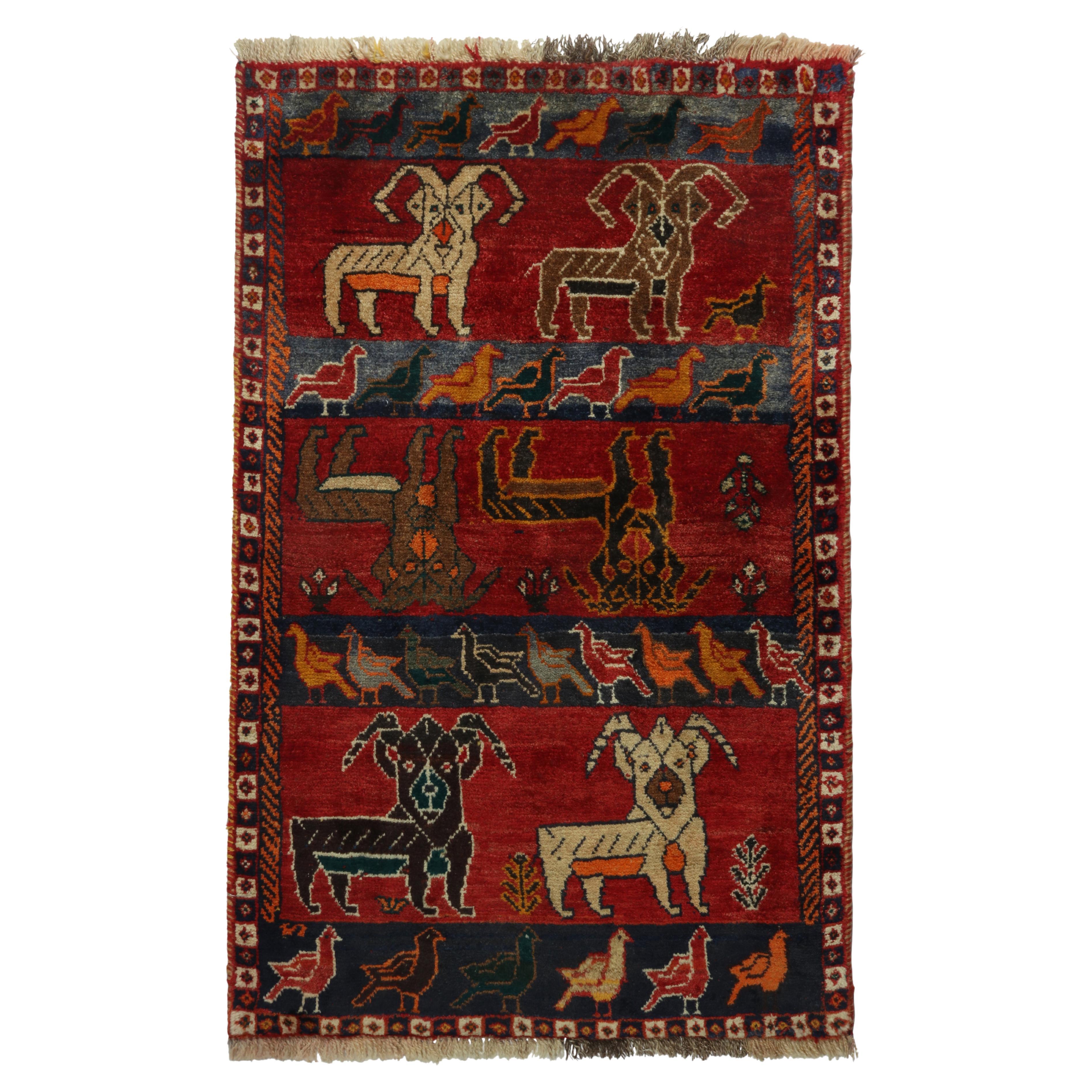 Vintage Gabbeh Tribal Rug in Red with Beige Animal Pictorials by Rug