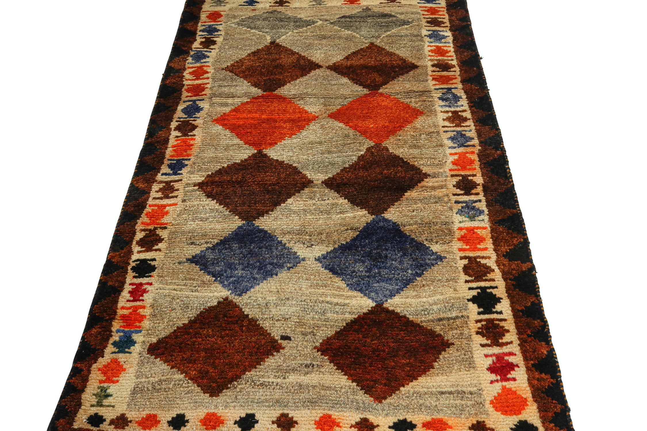 Turkish Vintage Gabbeh Tribal Runner Gray & Brown, Orange Diamond Pattern by Rug & Kilim For Sale