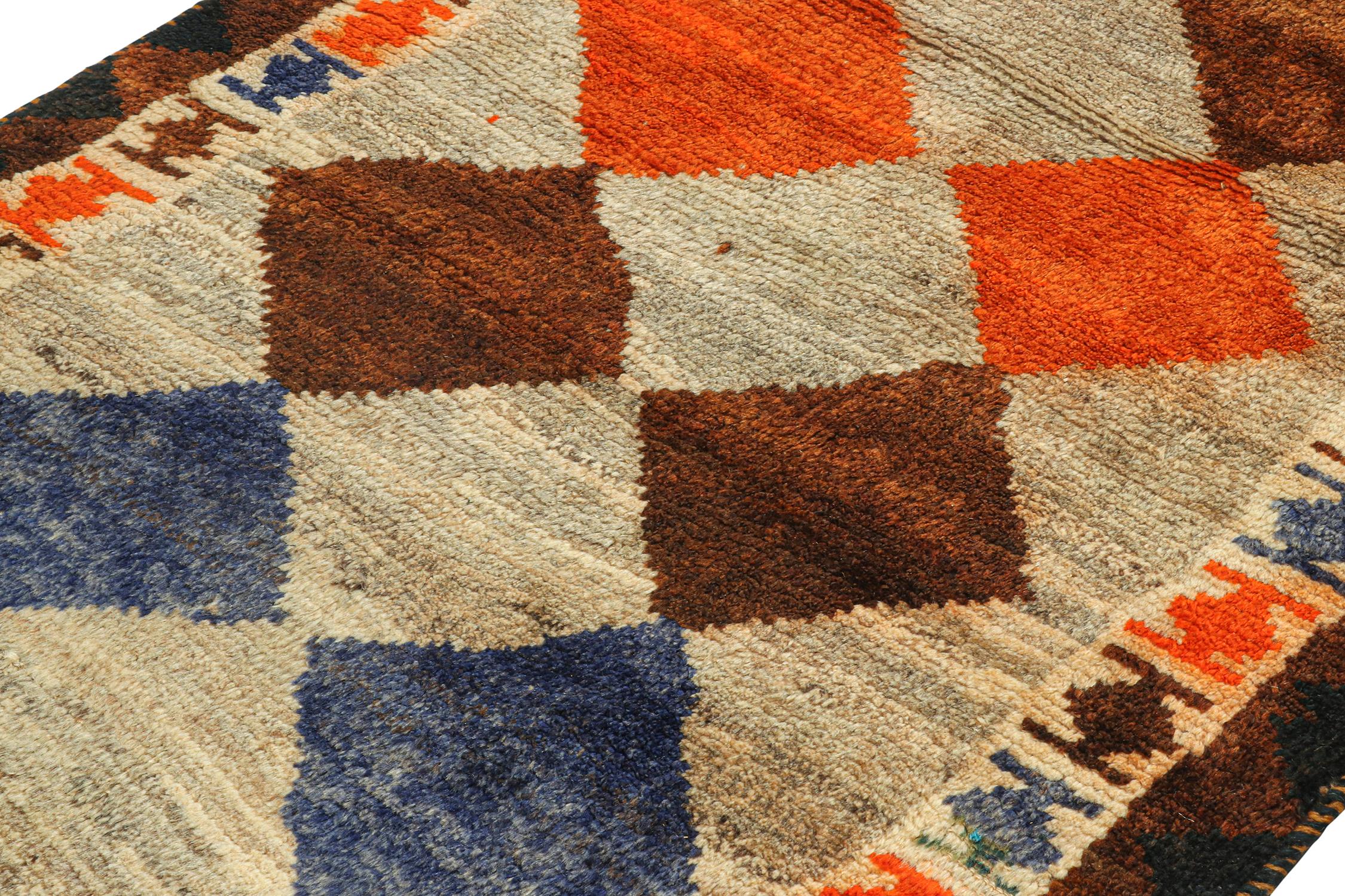 Hand-Knotted Vintage Gabbeh Tribal Runner Gray & Brown, Orange Diamond Pattern by Rug & Kilim For Sale