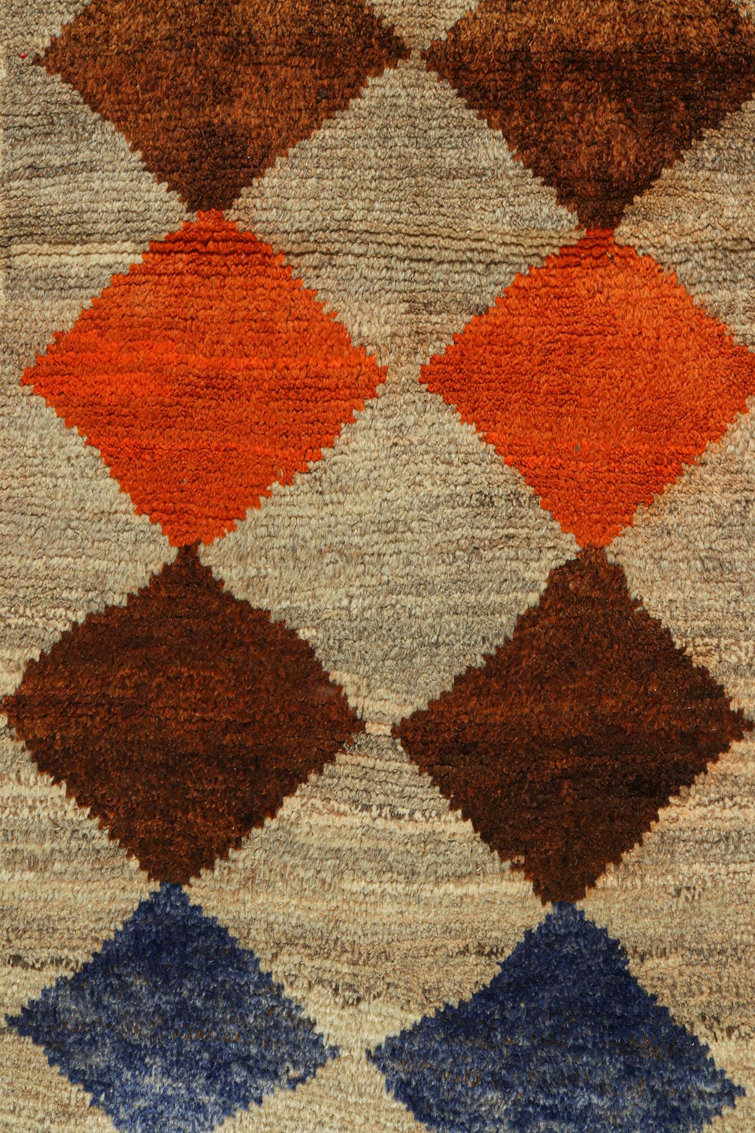 Mid-20th Century Vintage Gabbeh Tribal Runner Gray & Brown, Orange Diamond Pattern by Rug & Kilim For Sale