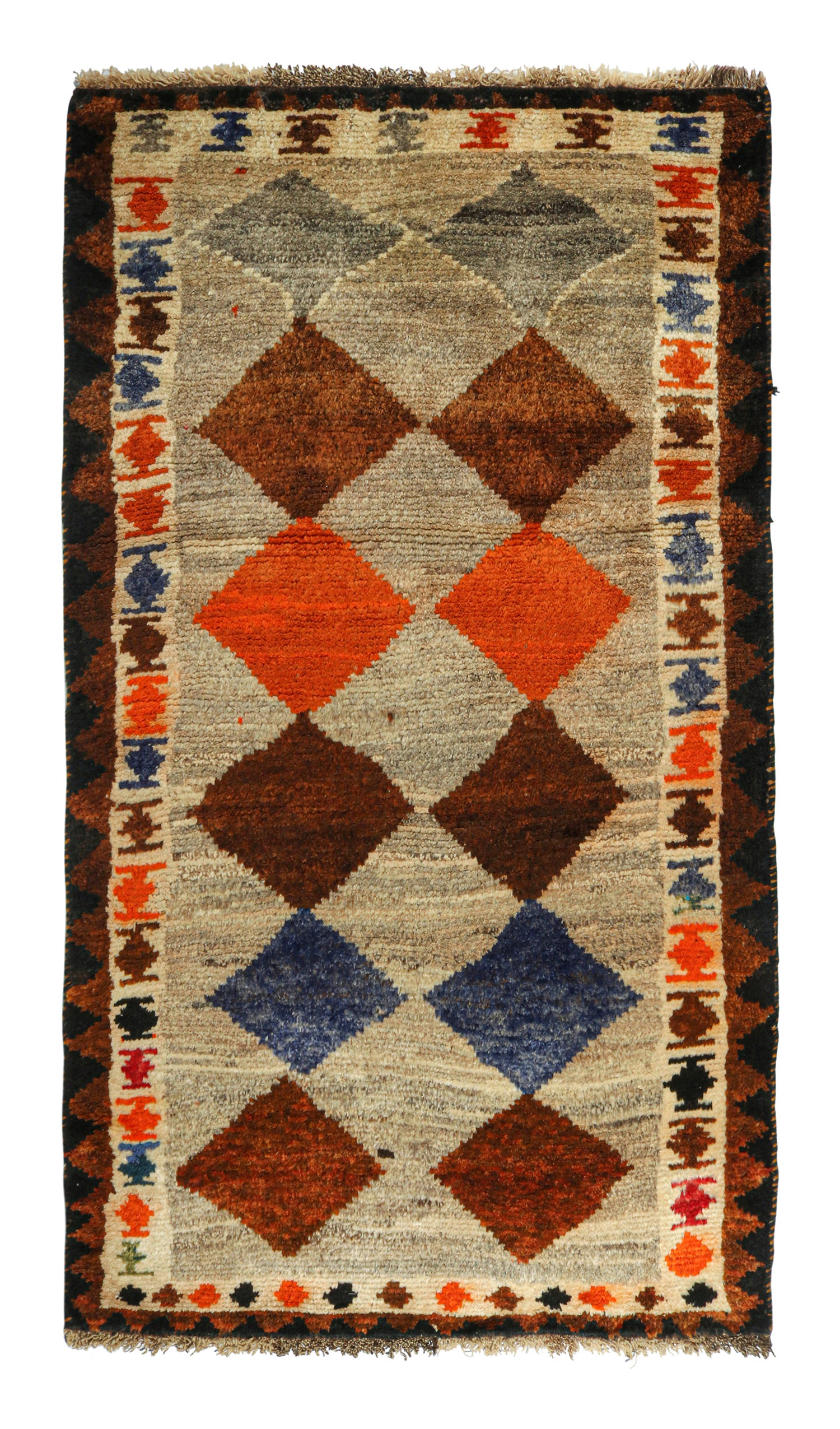 Vintage Gabbeh Tribal Runner Gray & Brown, Orange Diamond Pattern by Rug & Kilim For Sale
