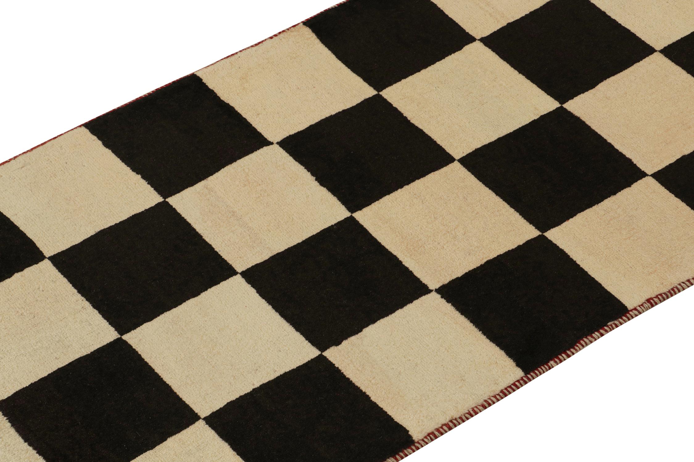 Hand-Knotted Vintage Gabbeh Tribal Runner in Beige, Black Geometric Pattern by Rug & Kilim For Sale