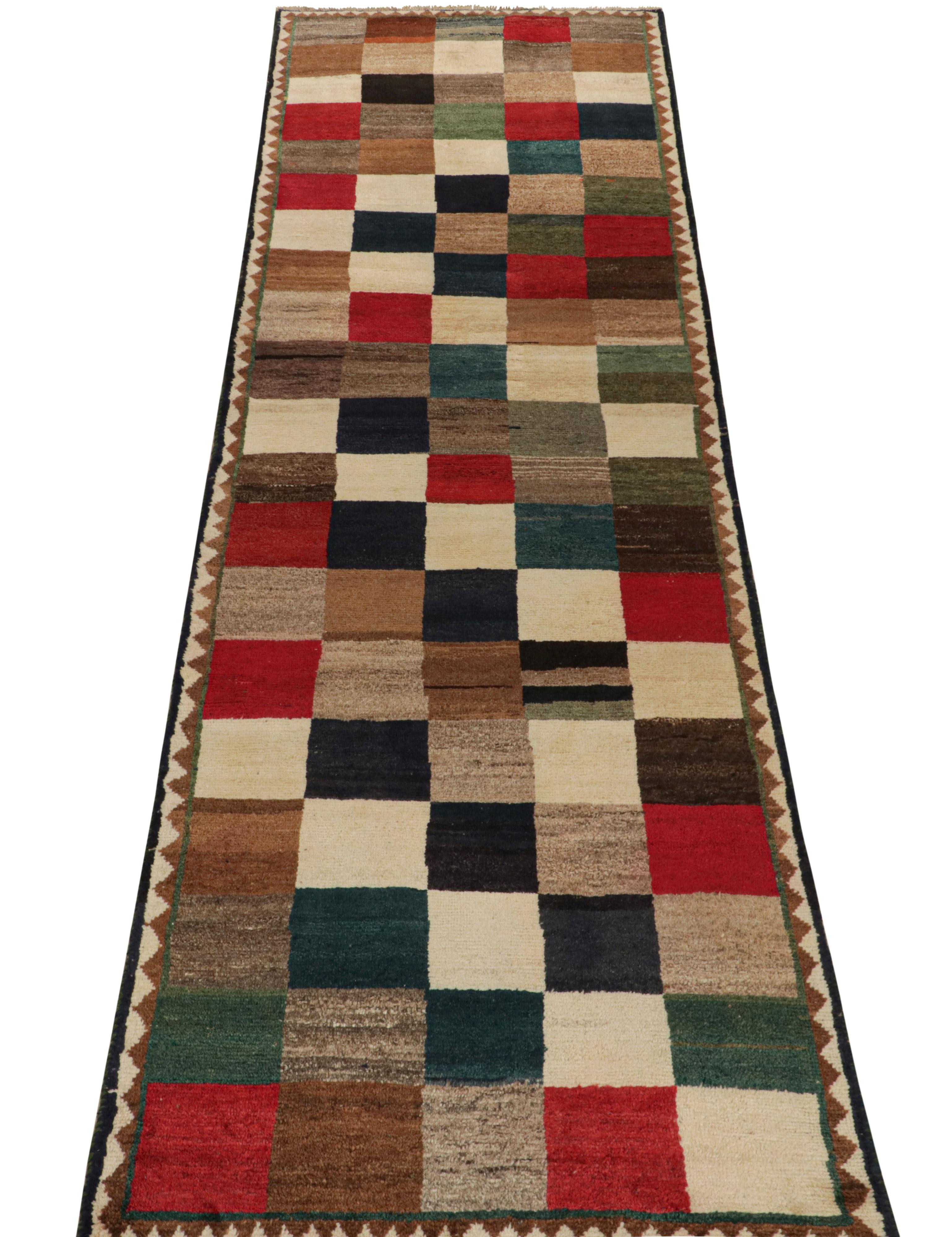 Turkish Vintage Gabbeh Tribal Runner in Beige-Brown with Red, Blue Square by Rug & Kilim For Sale