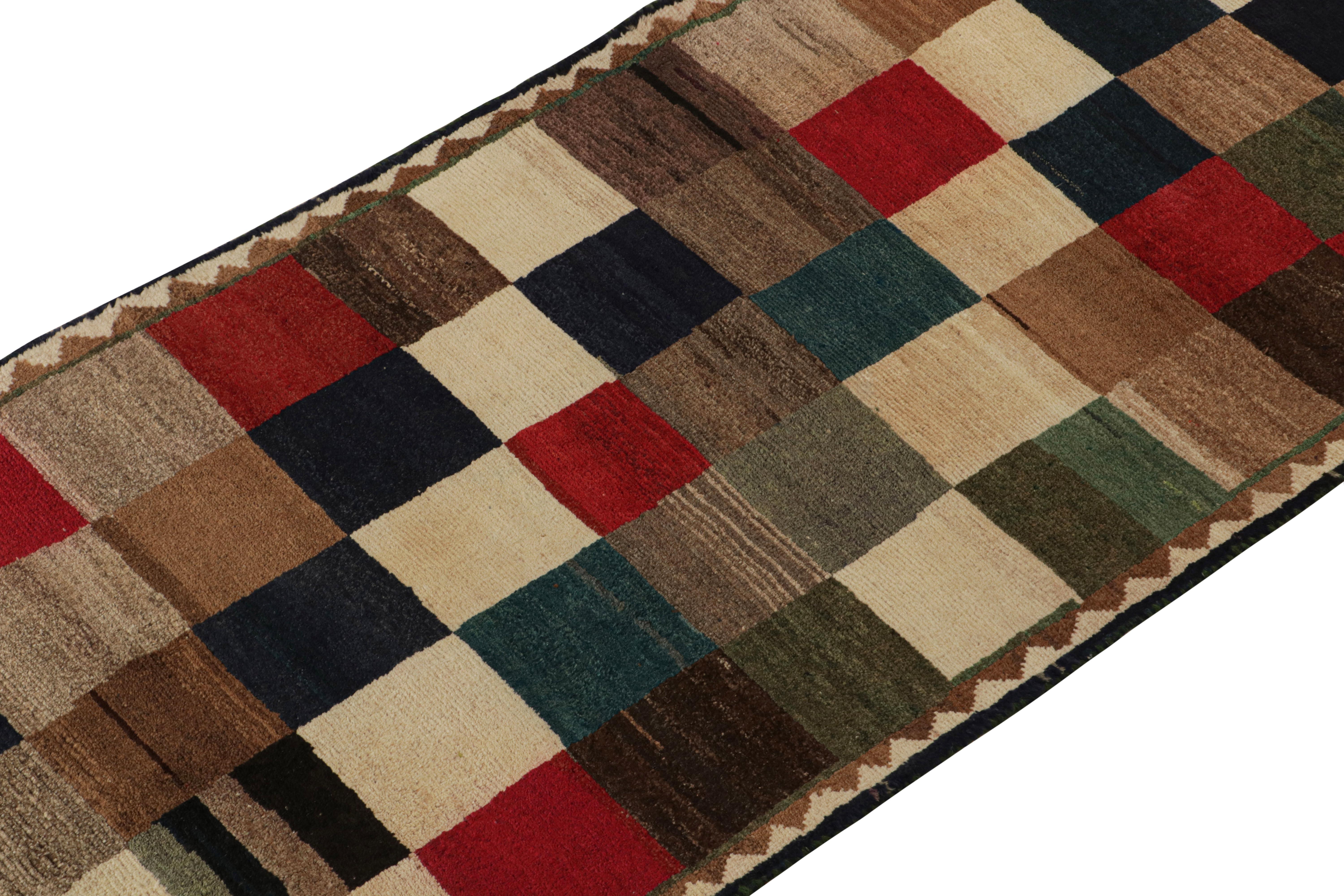 Hand-Knotted Vintage Gabbeh Tribal Runner in Beige-Brown with Red, Blue Square by Rug & Kilim For Sale