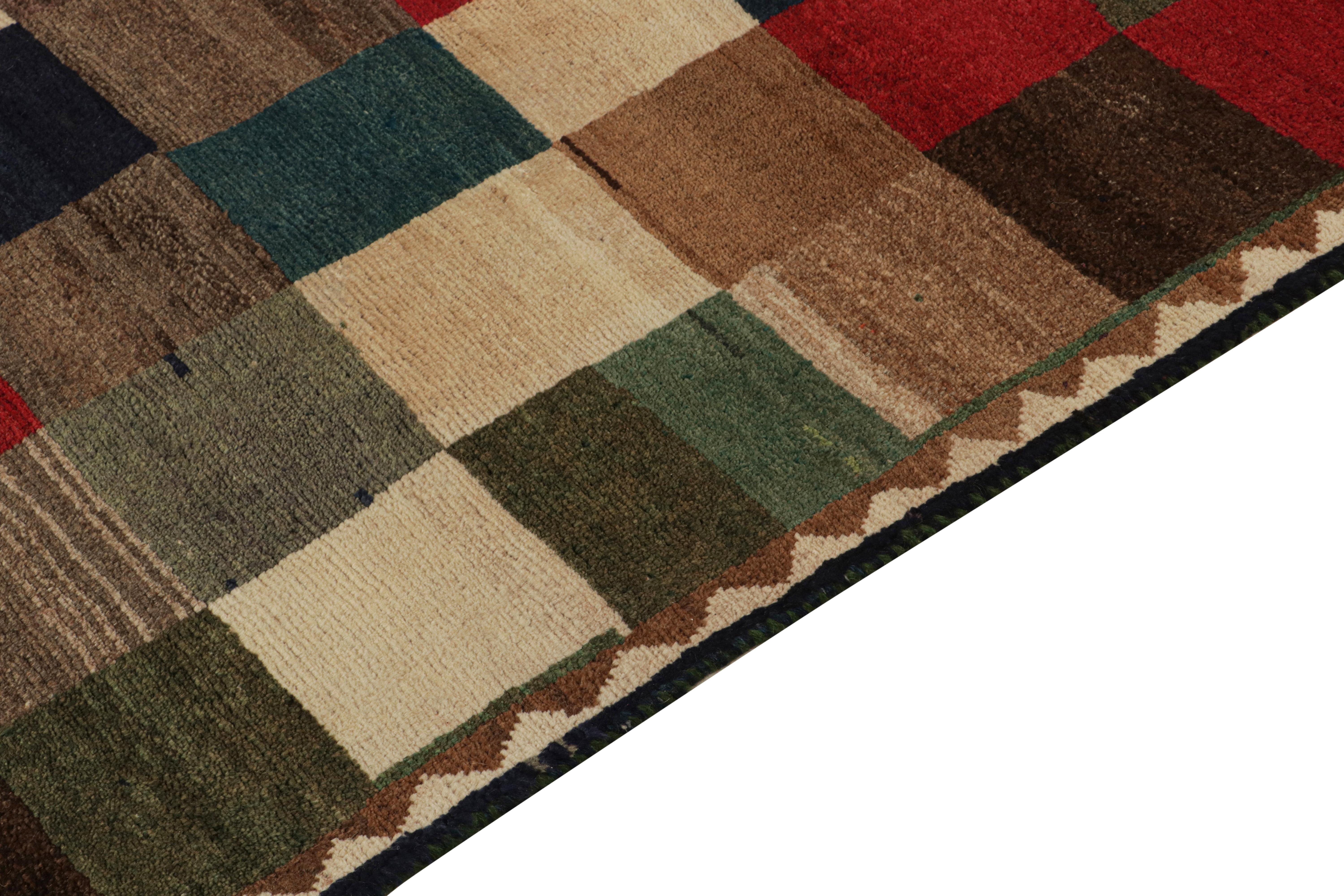 Vintage Gabbeh Tribal Runner in Beige-Brown with Red, Blue Square by Rug & Kilim In Good Condition For Sale In Long Island City, NY