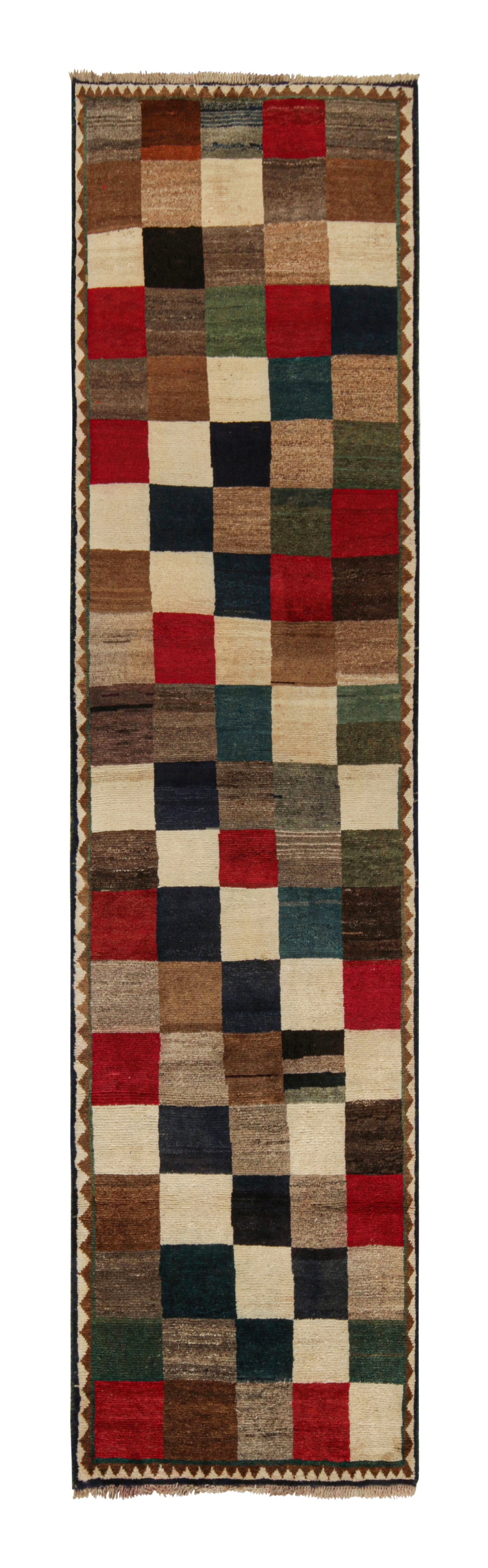 Vintage Gabbeh Tribal Runner in Beige-Brown with Red, Blue Square by Rug & Kilim For Sale