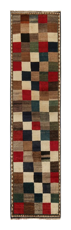 Retro Gabbeh Tribal Runner in Beige-Brown with Red, Blue Square by Rug & Kilim