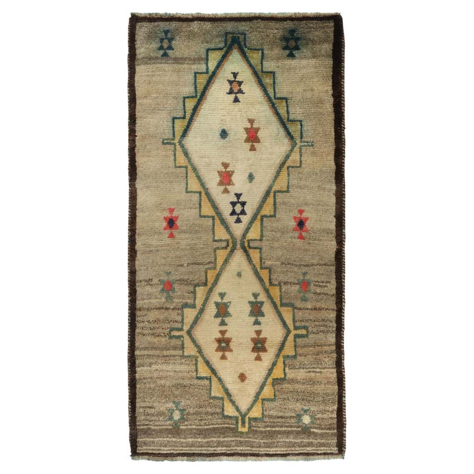 Vintage Gabbeh Runner in Gold and Green Lozenge Medallion Pattern by ...