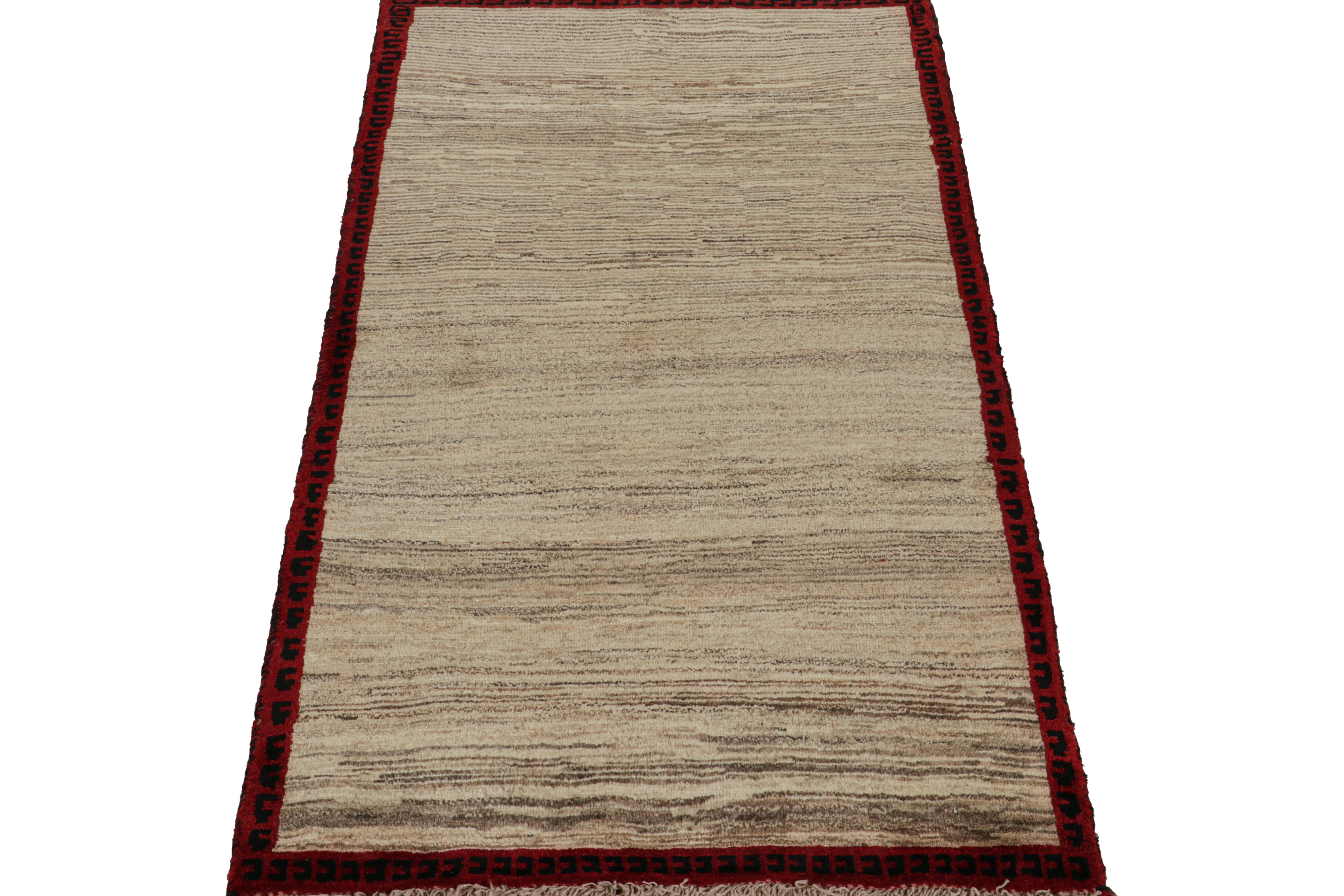 Turkish Vintage Gabbeh Tribal Runner in Beige, Gray, Red & Black Border by Rug & Kilim For Sale