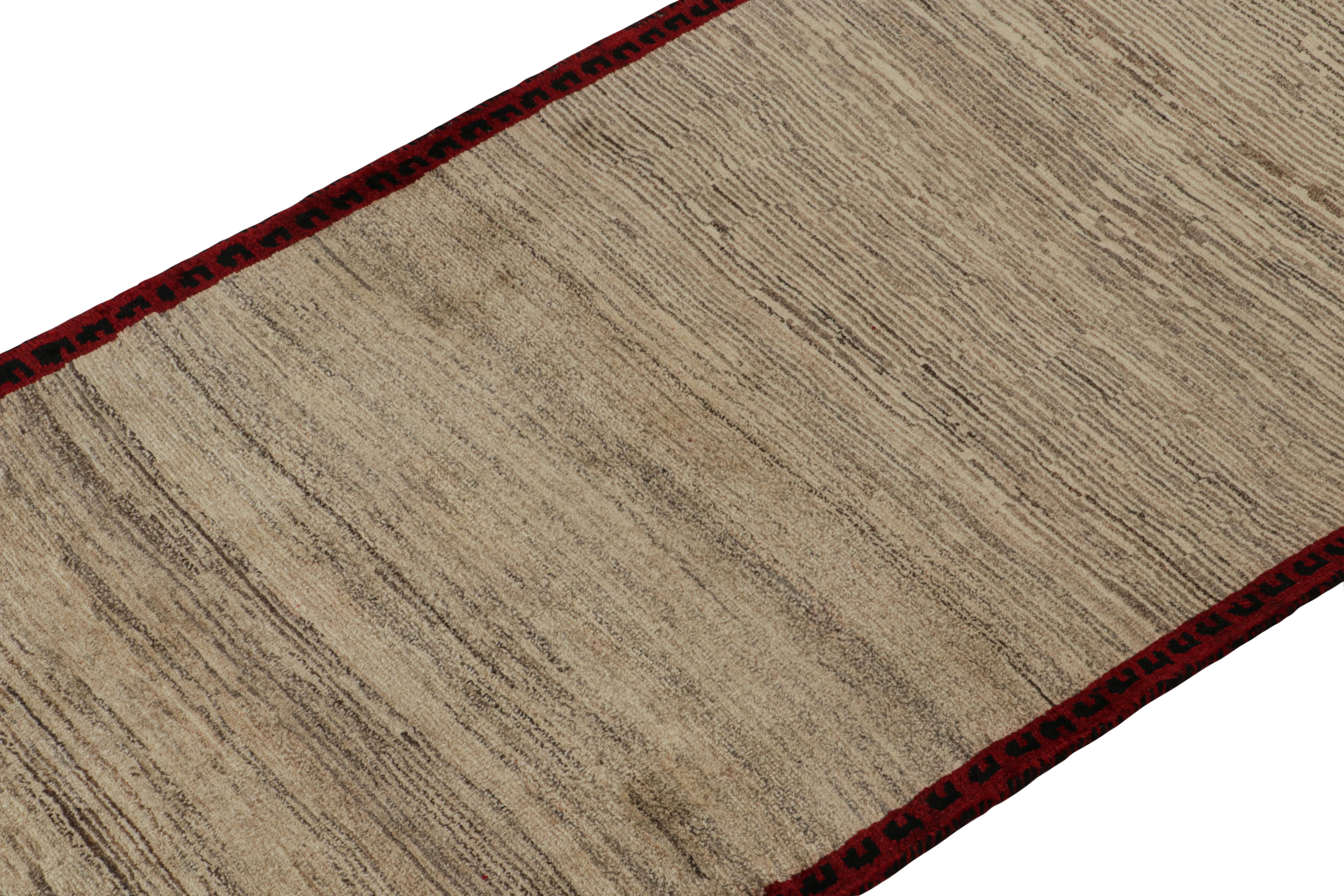 Hand-Knotted Vintage Gabbeh Tribal Runner in Beige, Gray, Red & Black Border by Rug & Kilim For Sale