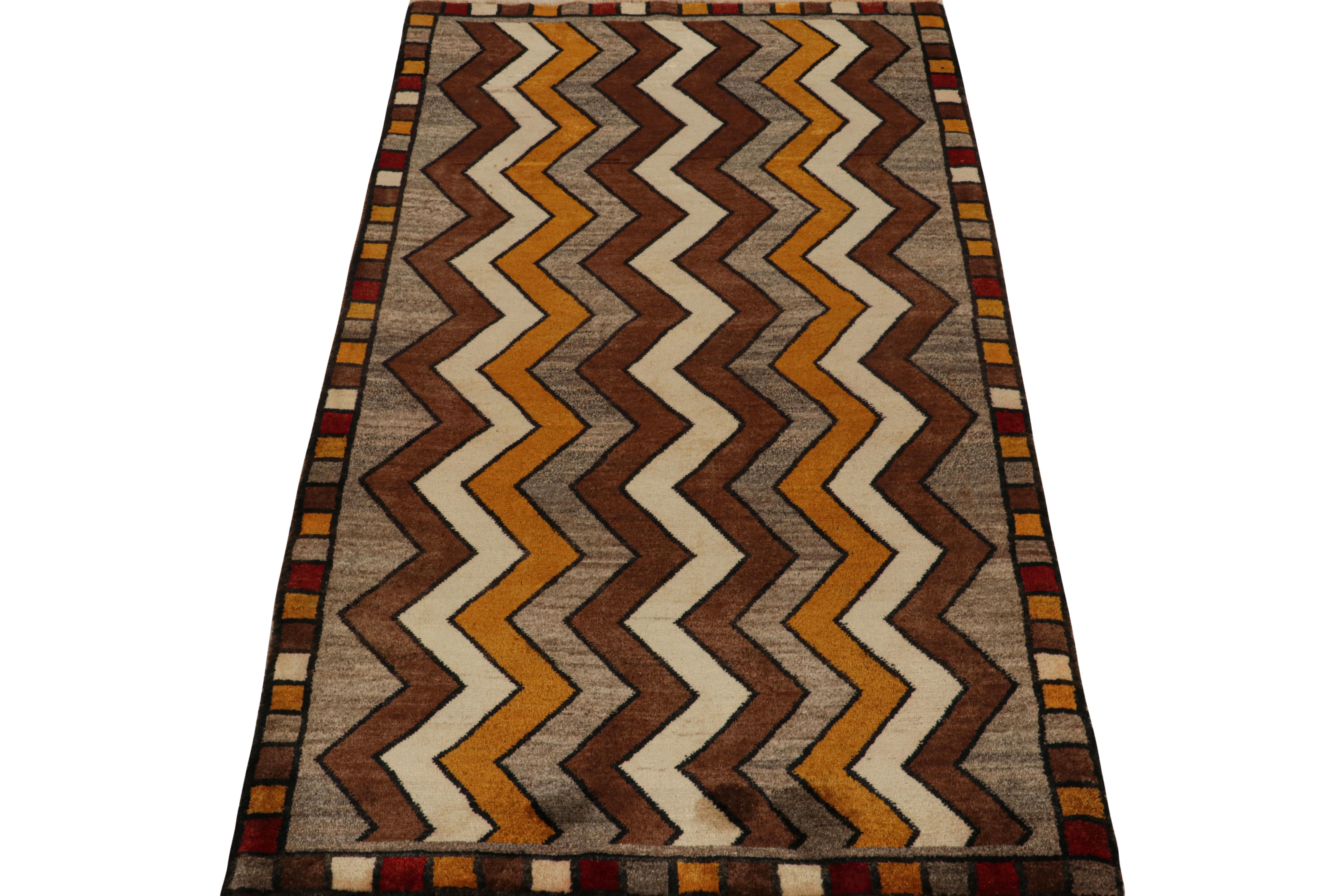 Turkish Vintage Gabbeh Tribal runner in Gray with Brown, Chevron Pattern by Rug & Kilim For Sale