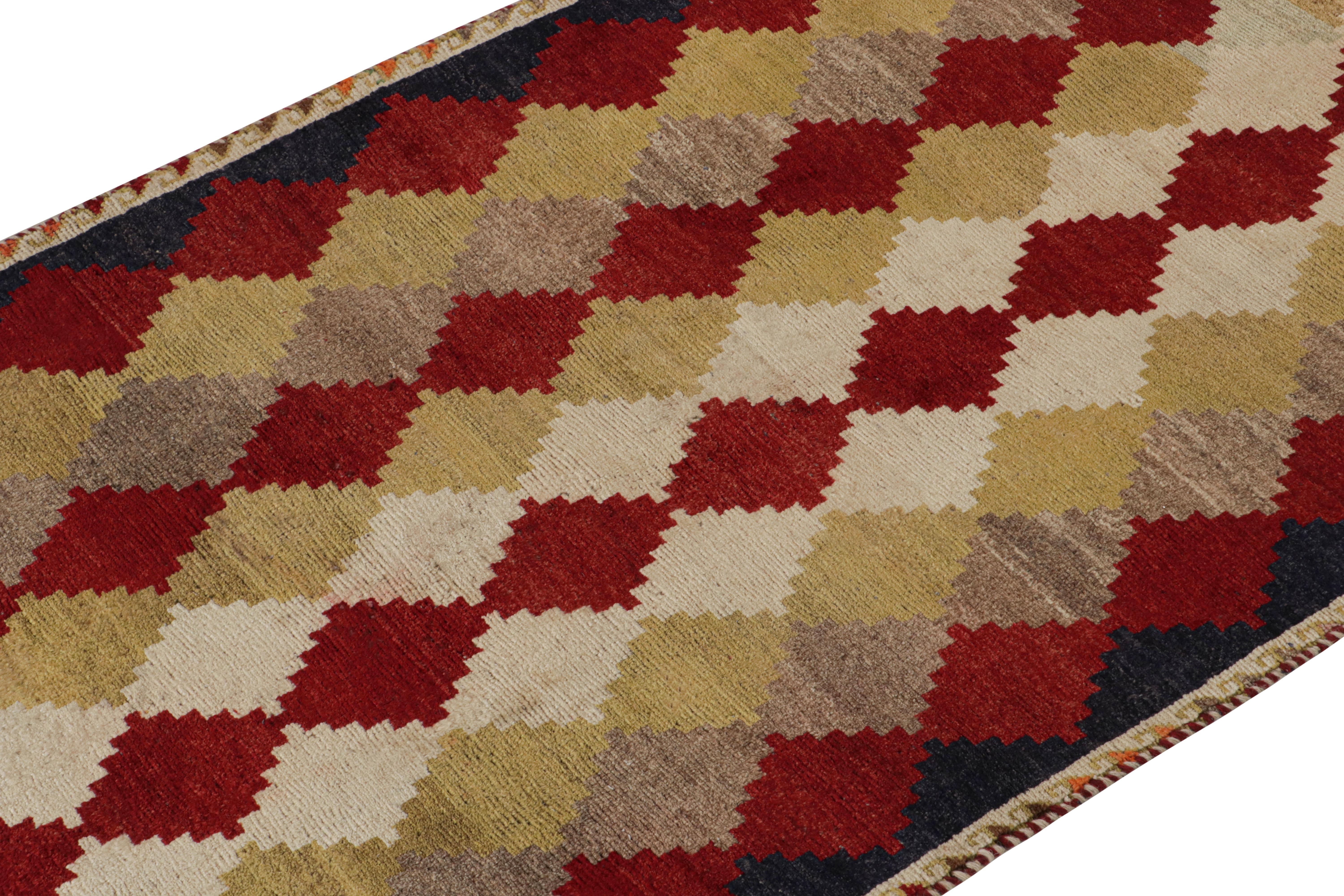 Hand-Knotted Vintage Gabbeh Tribal Runner in Red and Beige Diamond Patterns by Rug & Kilim For Sale