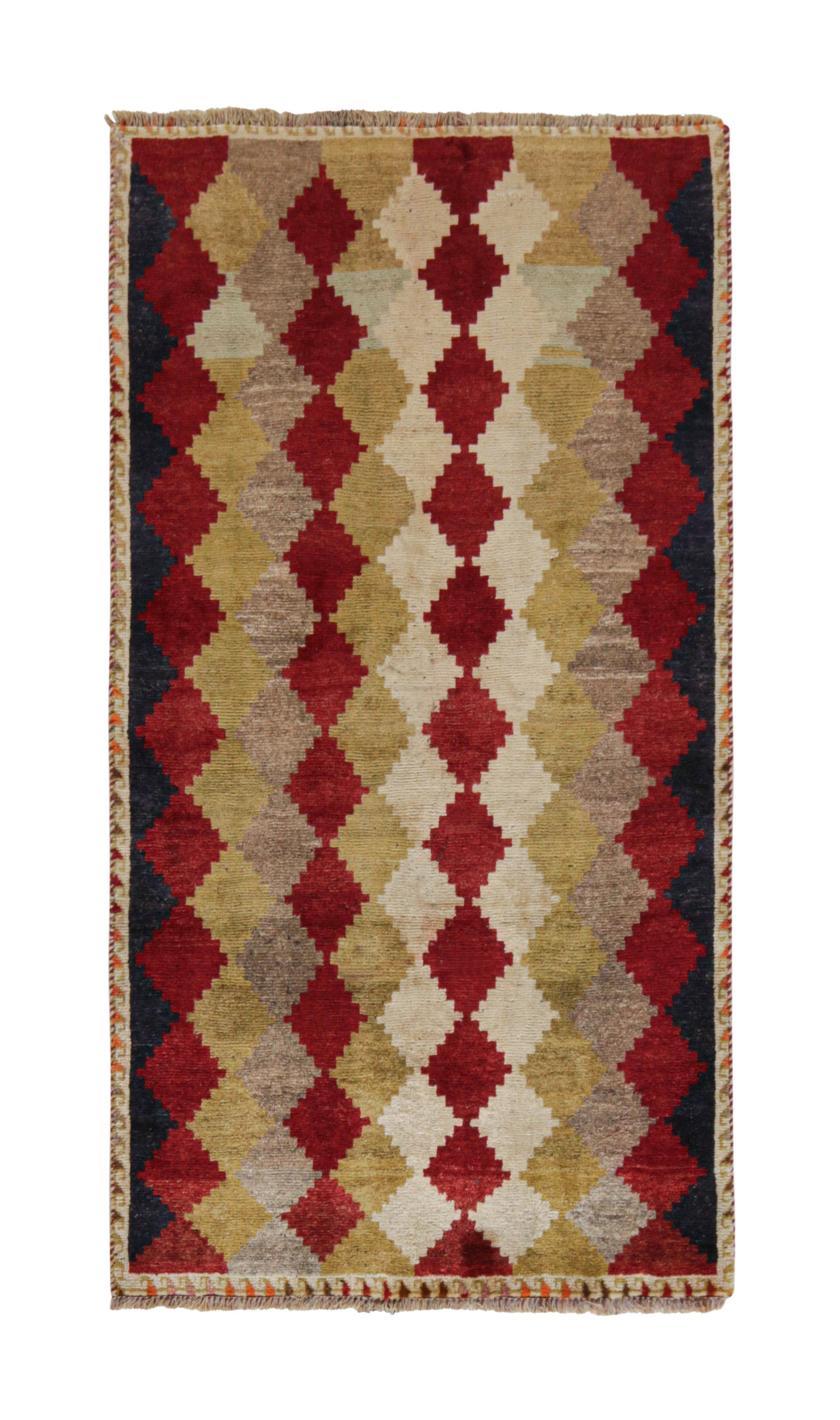 Vintage Gabbeh Tribal Runner in Red and Beige Diamond Patterns by Rug & Kilim For Sale