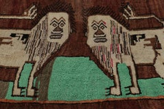 Vintage Gabbeh Turkish Rug, Beige-Brown with Twin Lion Pictorials - Rug & Kilim