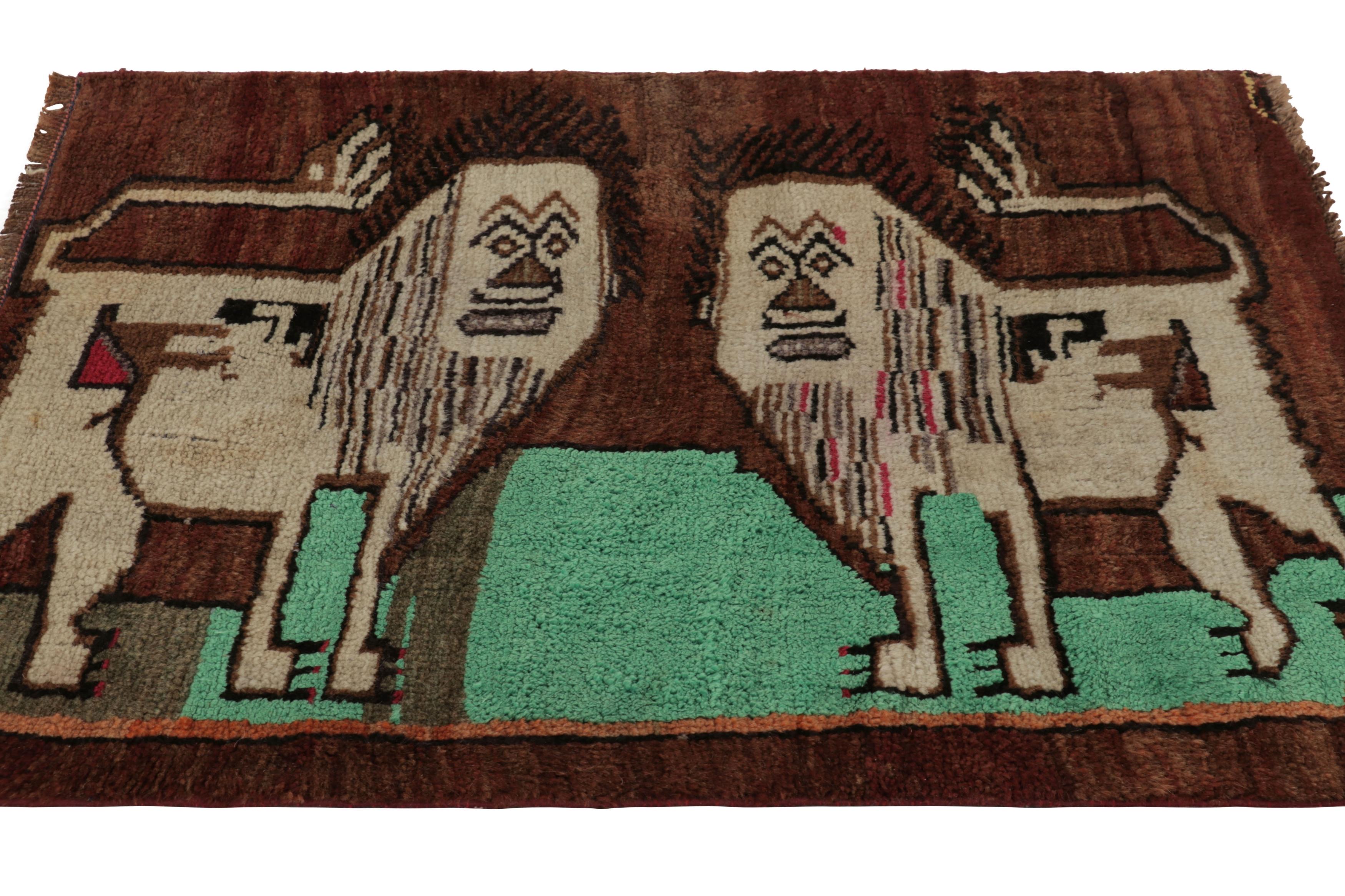 Annodato a mano Tappeto turco Gabbeh vintage, beige-marrone con due leoni pittorici - Rug & Kilim in vendita