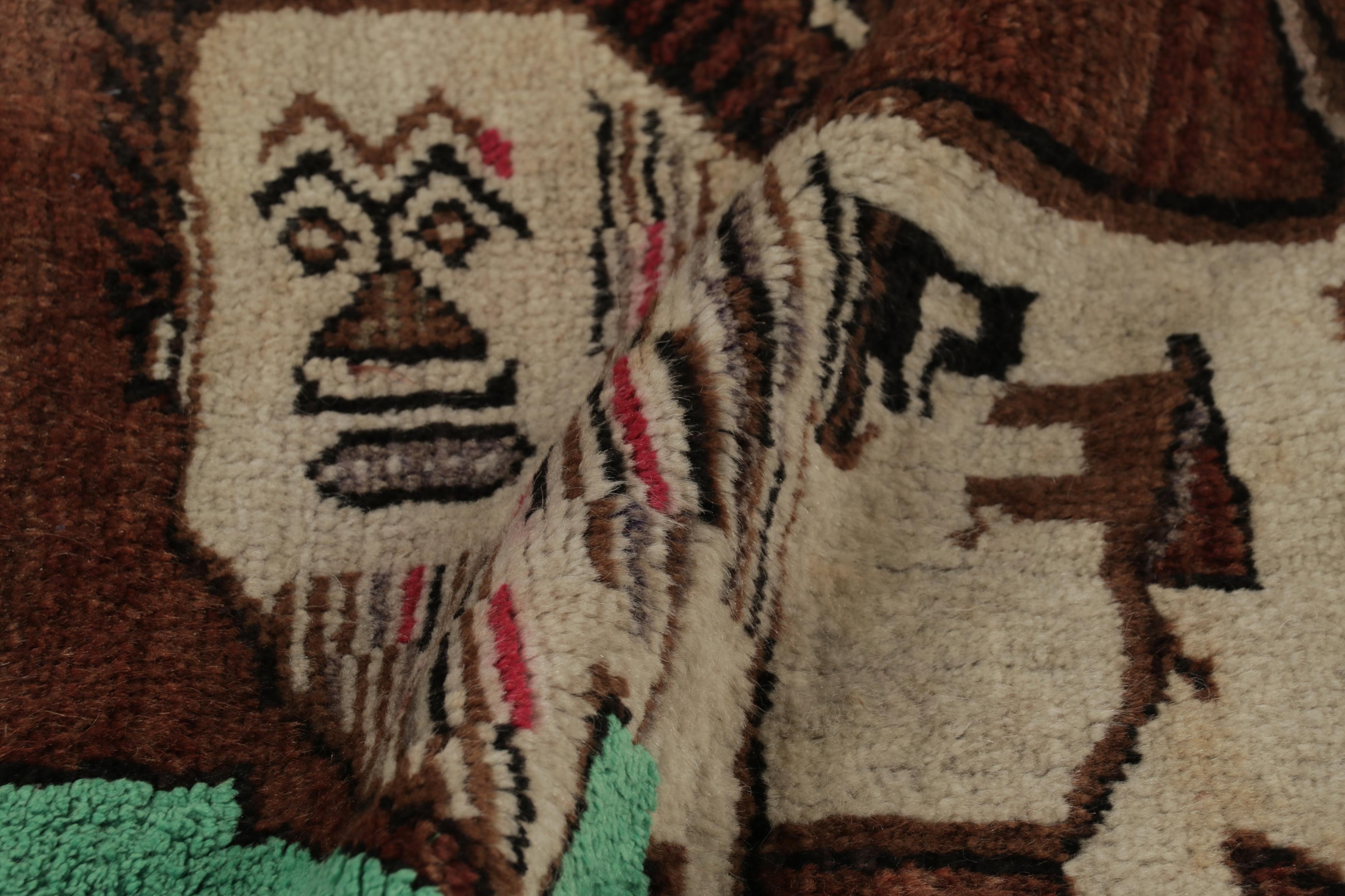 Metà XX secolo Tappeto turco Gabbeh vintage, beige-marrone con due leoni pittorici - Rug & Kilim in vendita