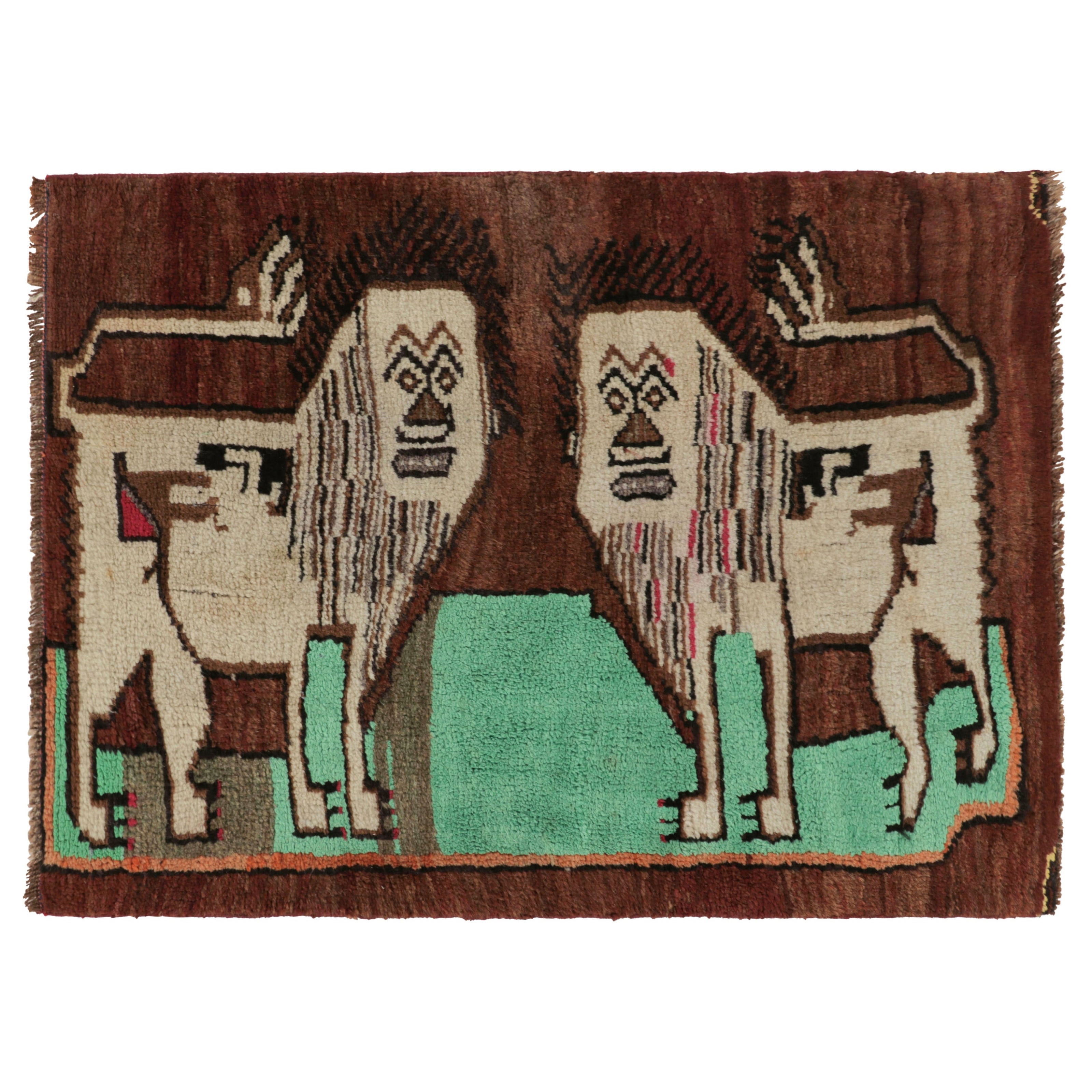 Alfombra turca Gabbeh vintage, beige-marrón con leones gemelos - Rug & Kilim