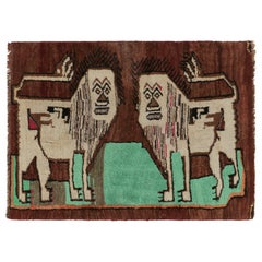 Alfombra turca Gabbeh vintage, beige-marrón con leones gemelos - Rug & Kilim