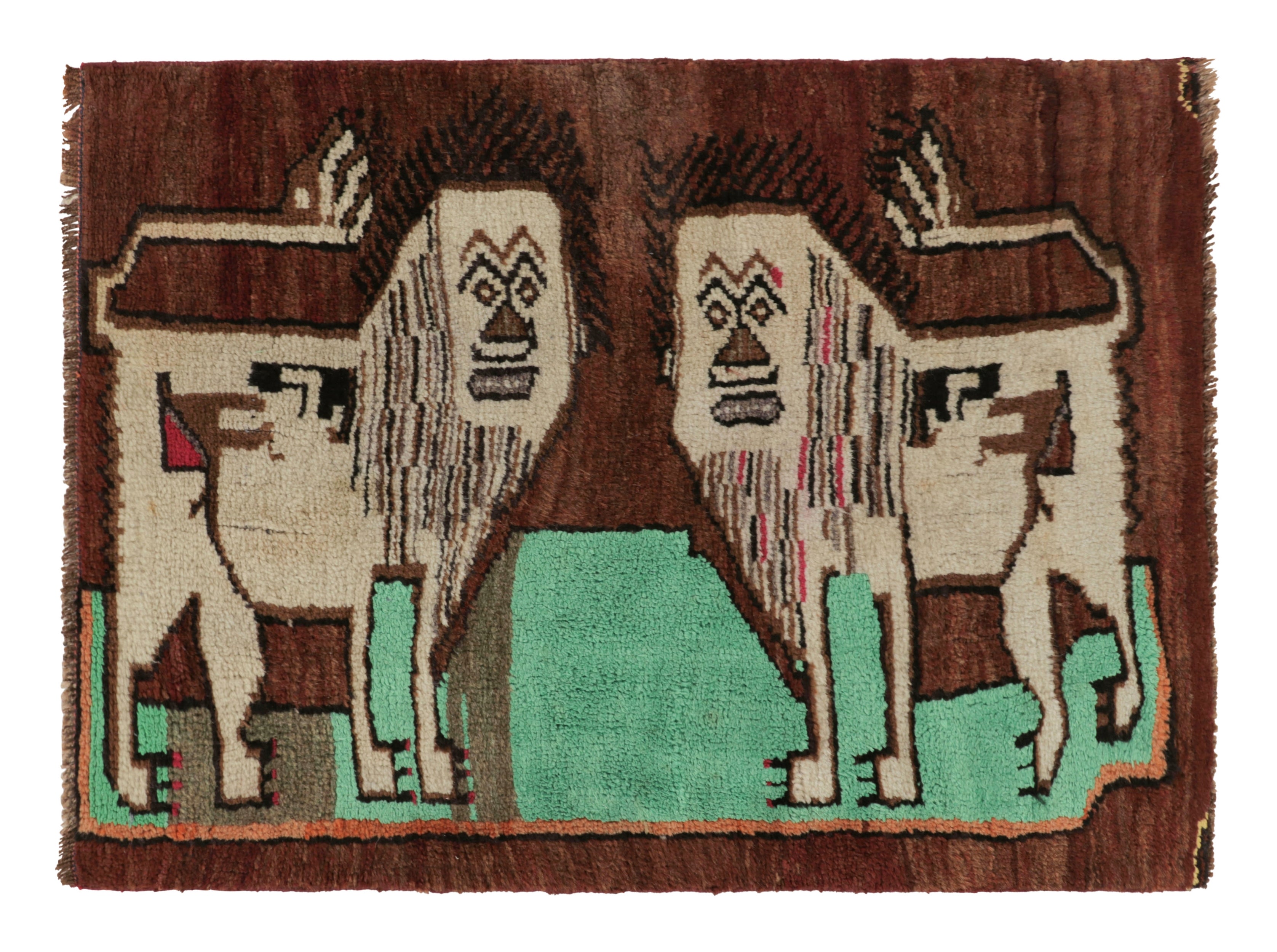 Tappeto turco Gabbeh vintage, beige-marrone con due leoni pittorici - Rug & Kilim in vendita