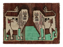 Tappeto turco Gabbeh vintage, beige-marrone con due leoni pittorici - Rug & Kilim
