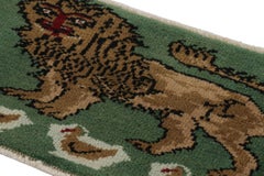 Vintage Gabbeh Turkish Rug, Green with Brown Lion Pictorial - Rug & Kilim