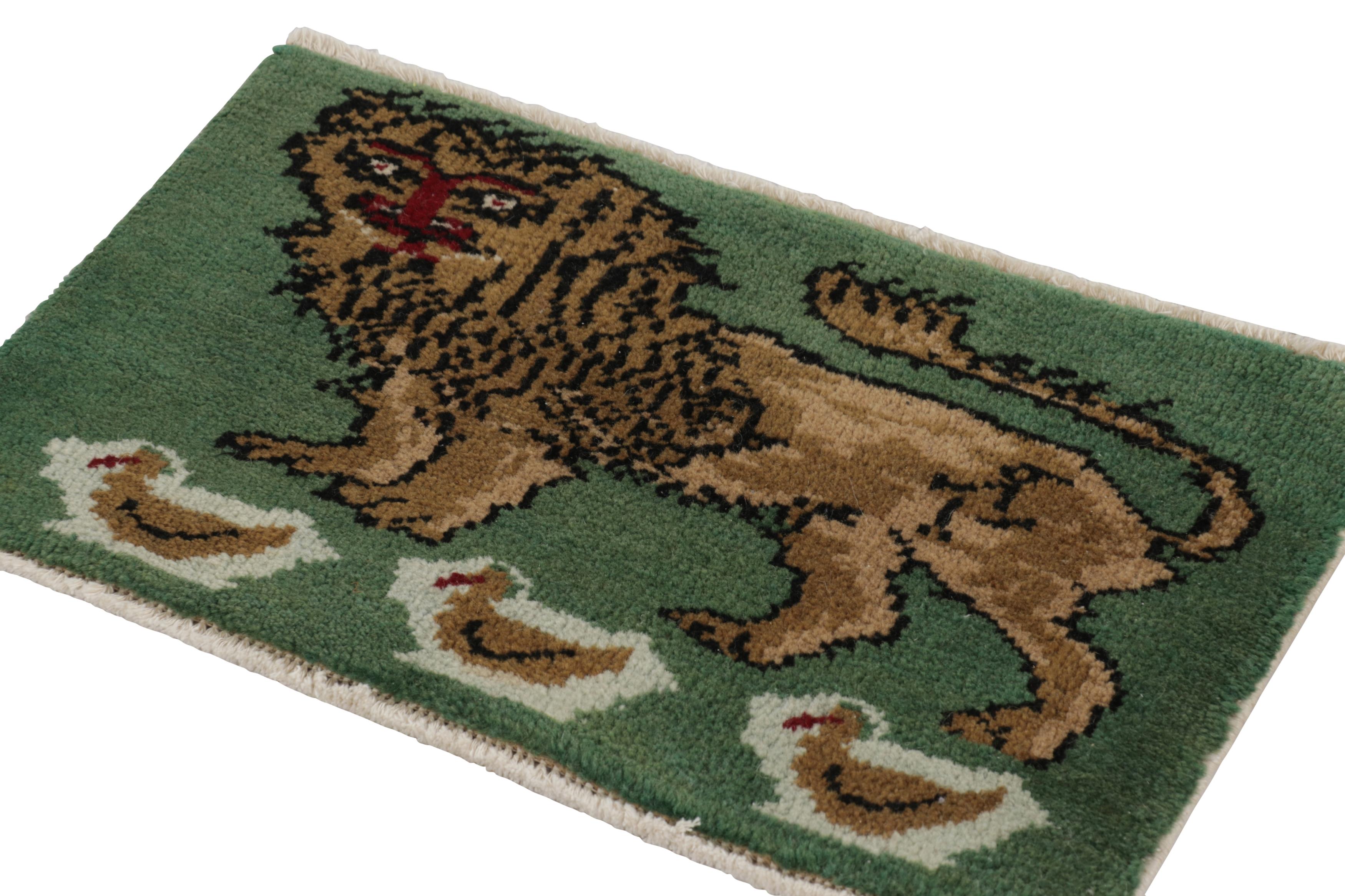 Annodato a mano Tappeto turco Gabbeh vintage, verde con leone marrone - Rug & Kilim in vendita