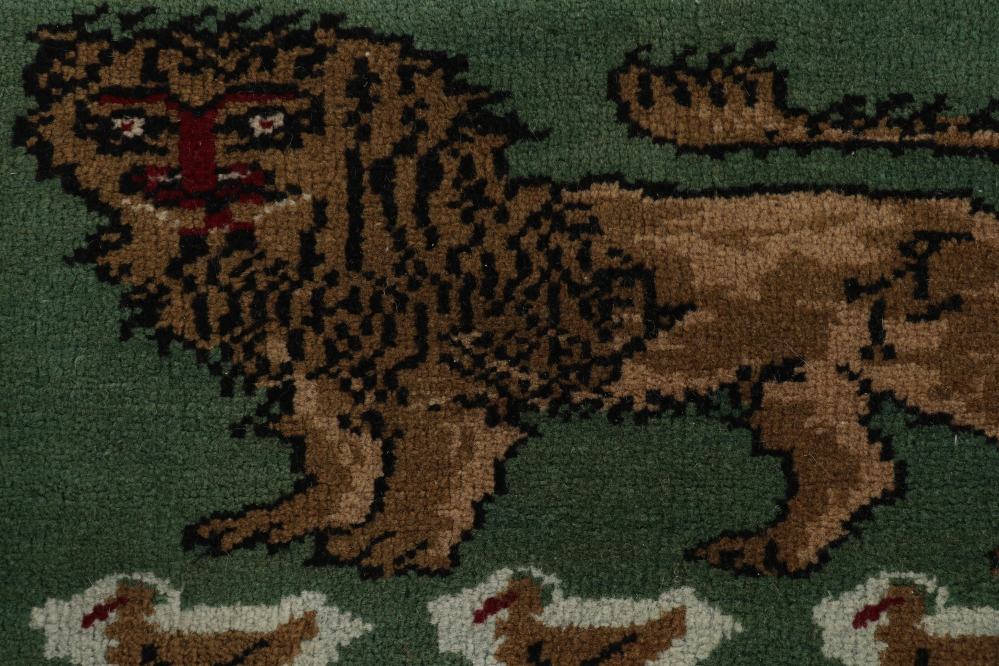 Tappeto turco Gabbeh vintage, verde con leone marrone - Rug & Kilim In condizioni buone in vendita a Long Island City, NY