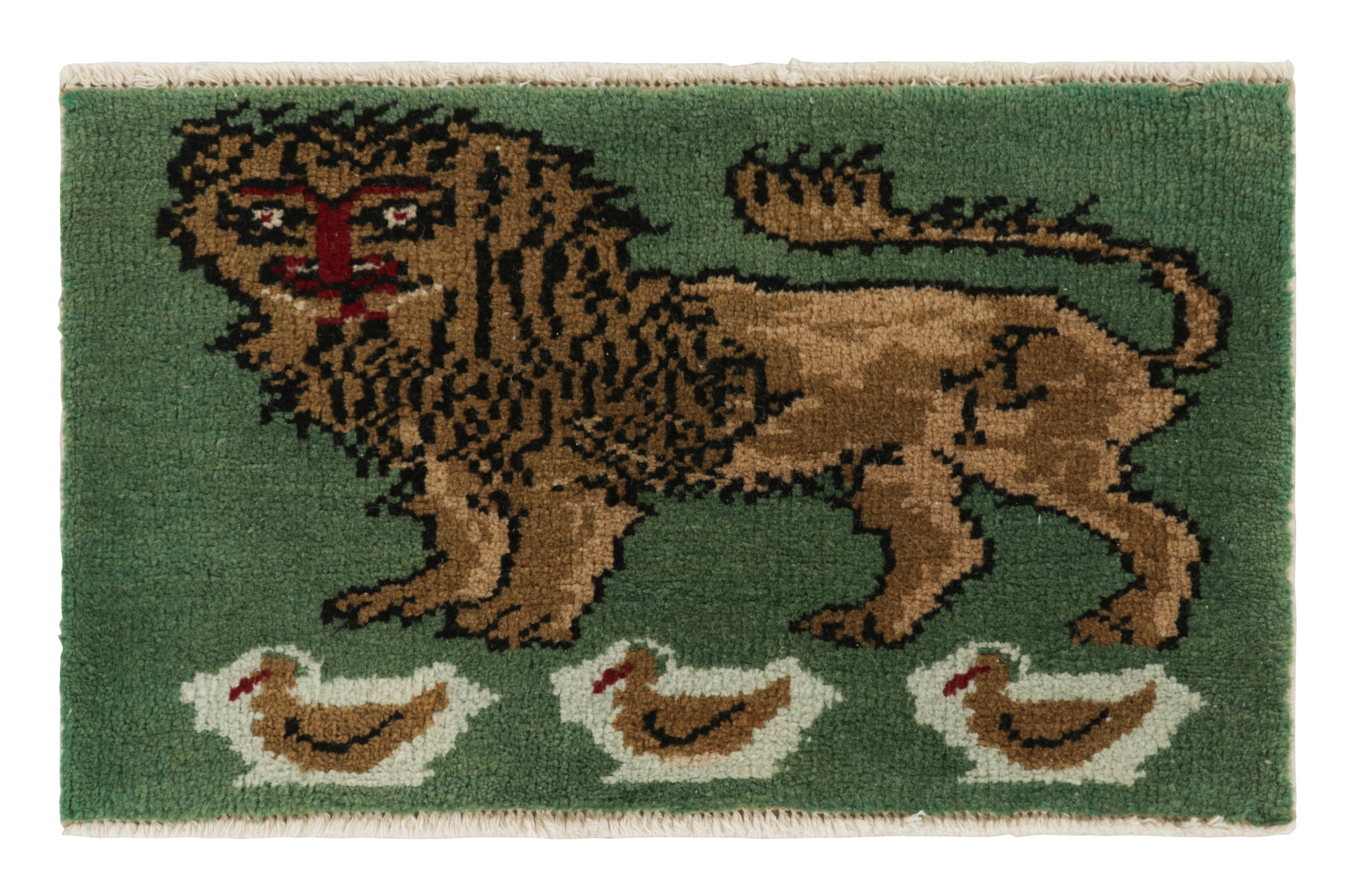 Tappeto turco Gabbeh vintage, verde con leone marrone - Rug & Kilim in vendita