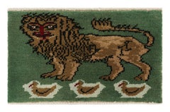 Tappeto turco Gabbeh vintage, verde con leone marrone - Rug & Kilim