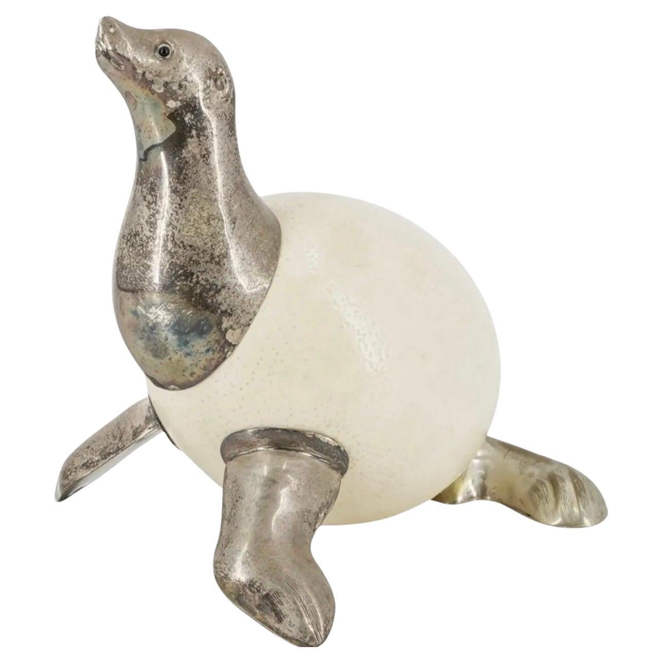Vintage Gabriella Binazzi Italian Silvered Ostrich Egg Sea Lion Sculpture For Sale
