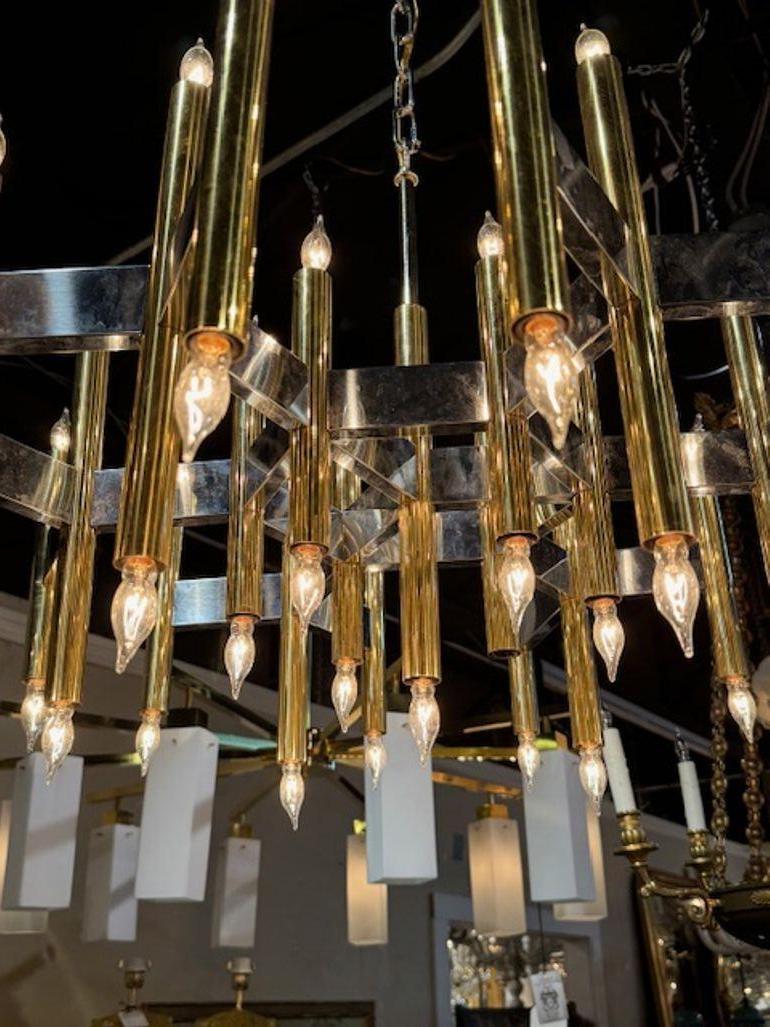 XX secolo Lampadario d'epoca in ottone e cromo Gaetano Sciolari in vendita