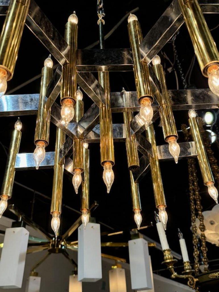 Ottone Lampadario d'epoca in ottone e cromo Gaetano Sciolari in vendita