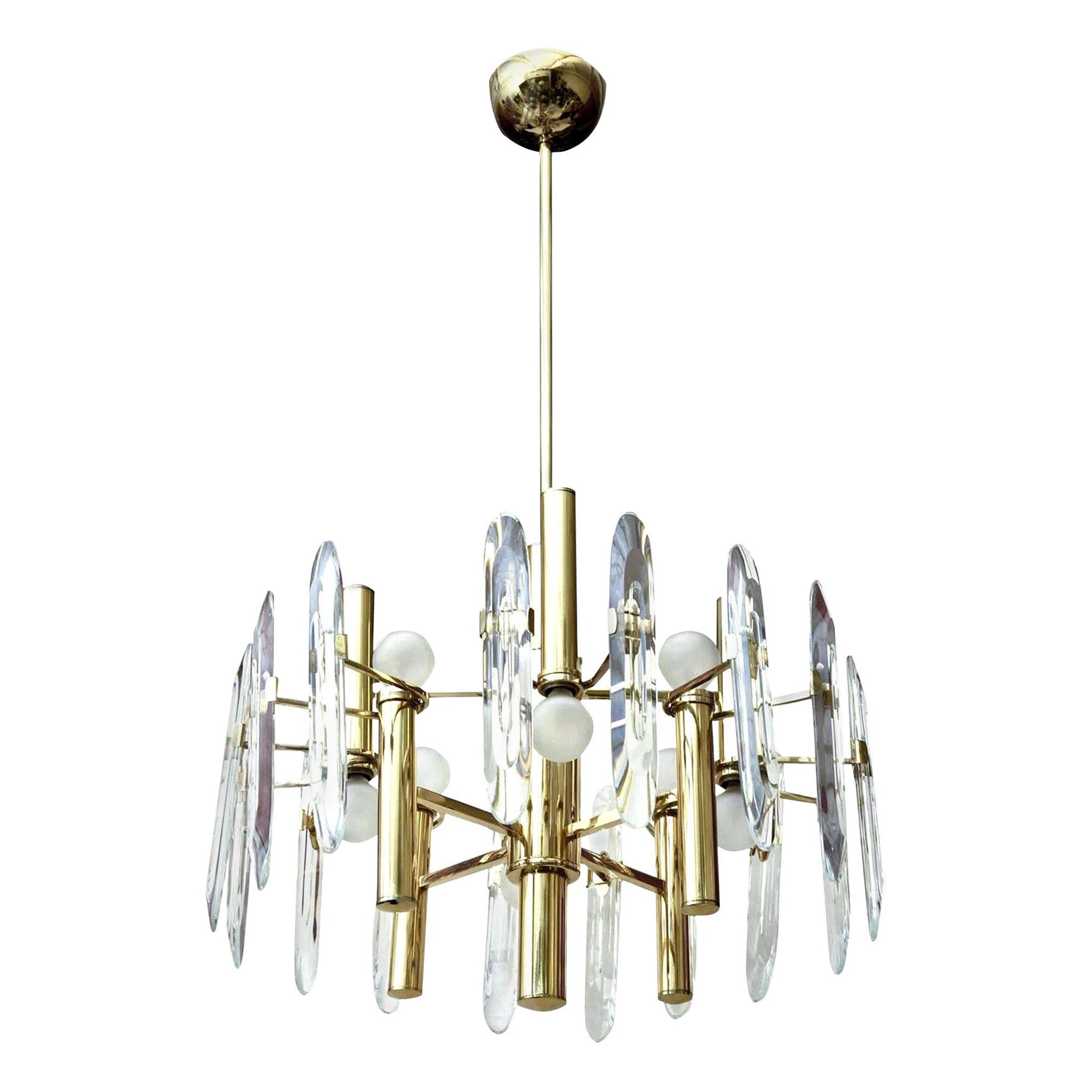 Lustre italien vintage Gaetano Sciolari à prismes en laiton et cristal