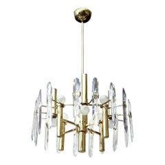 Lustre italien vintage Gaetano Sciolari à prismes en laiton et cristal
