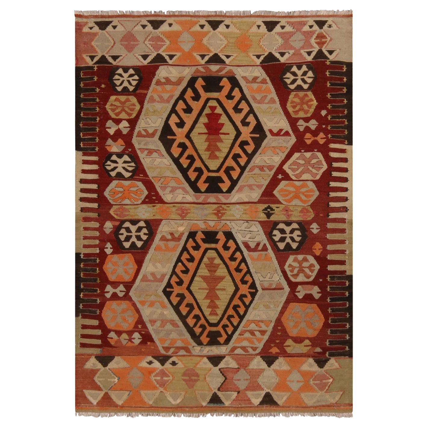 Vintage Gal Burgundy and Blue Wool Kilim Rug with Vibrant Accents
