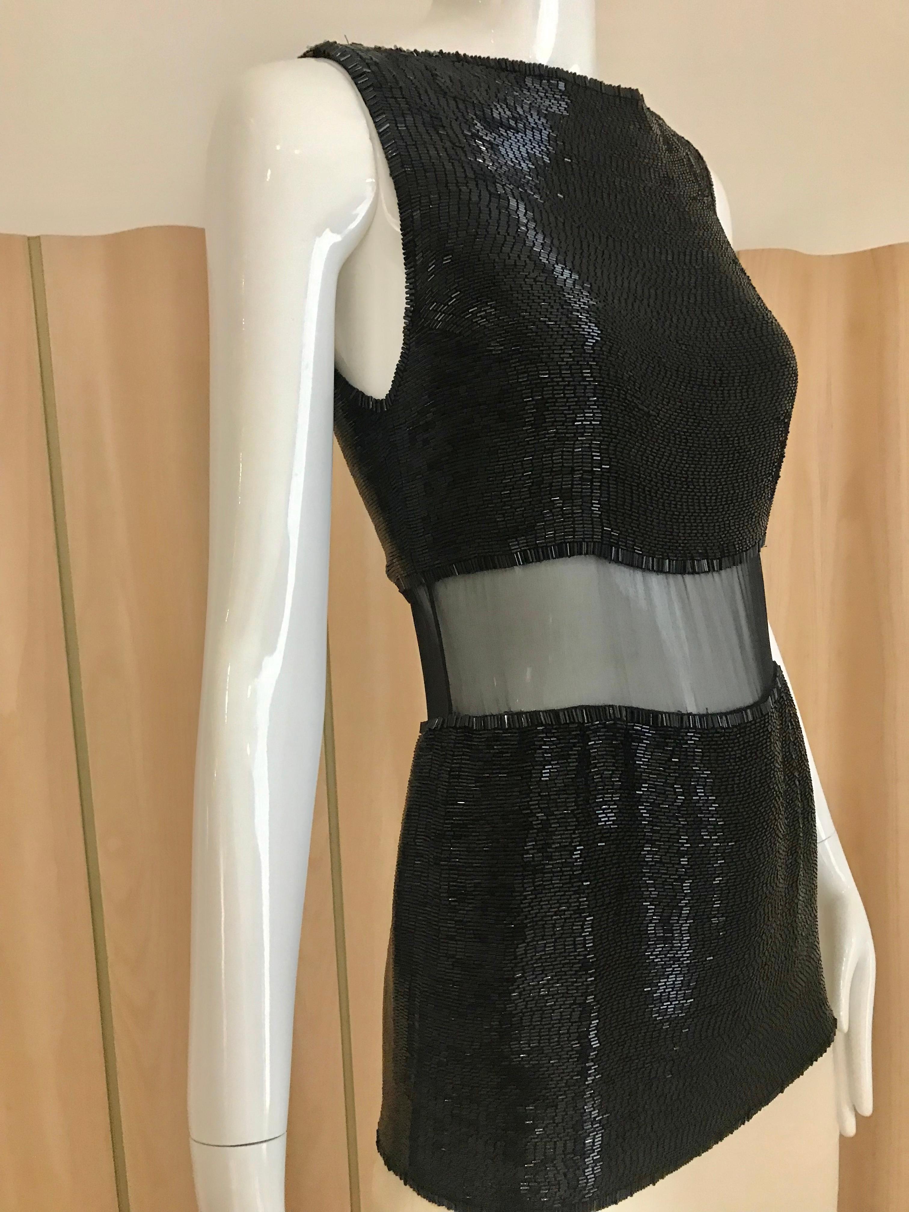 Vintage GALANOS Black and Creme Beaded Gown with Sheer Bodice In Excellent Condition In Beverly Hills, CA