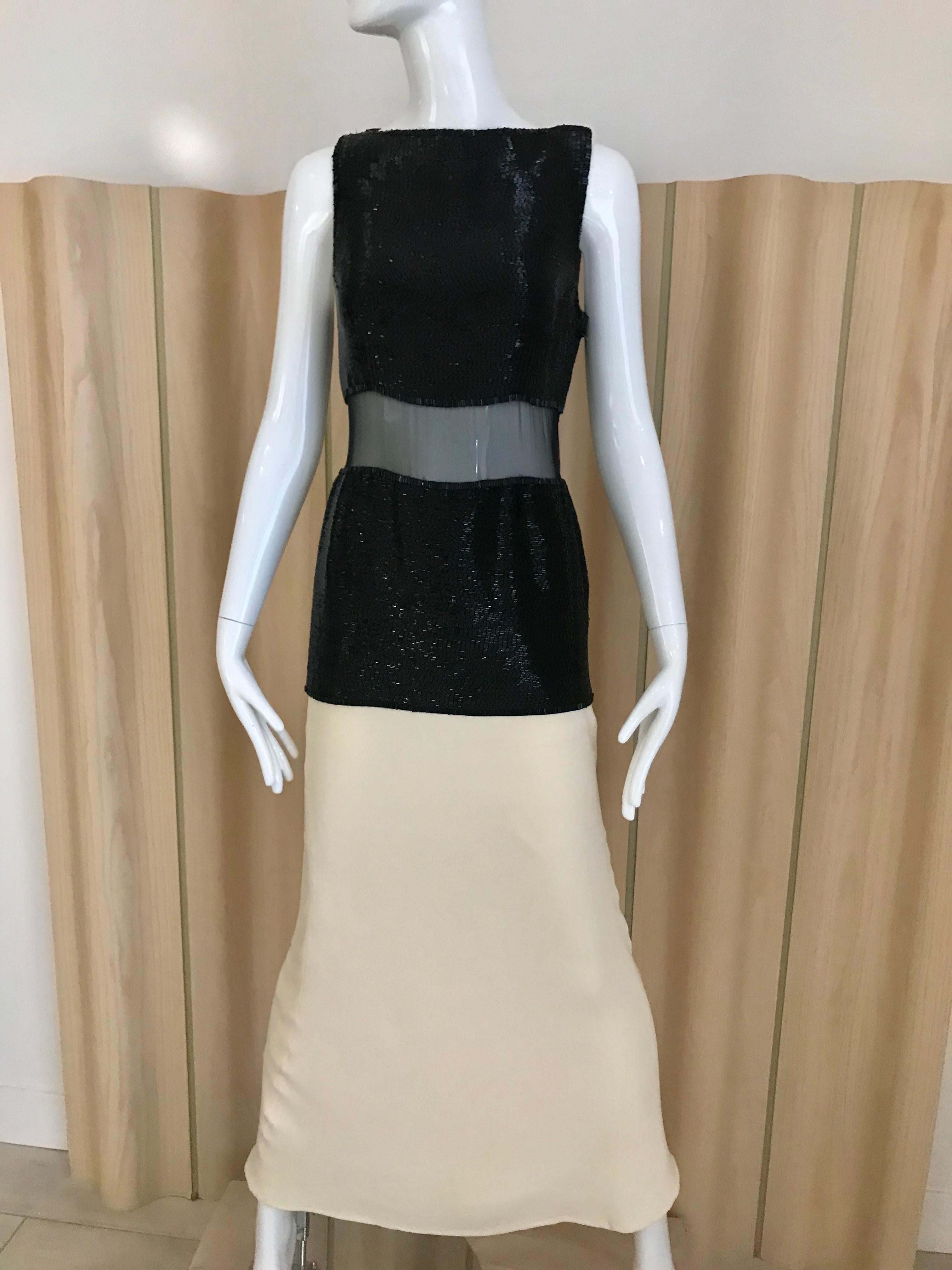 Vintage GALANOS Black and Creme Beaded Gown with Sheer Bodice 2