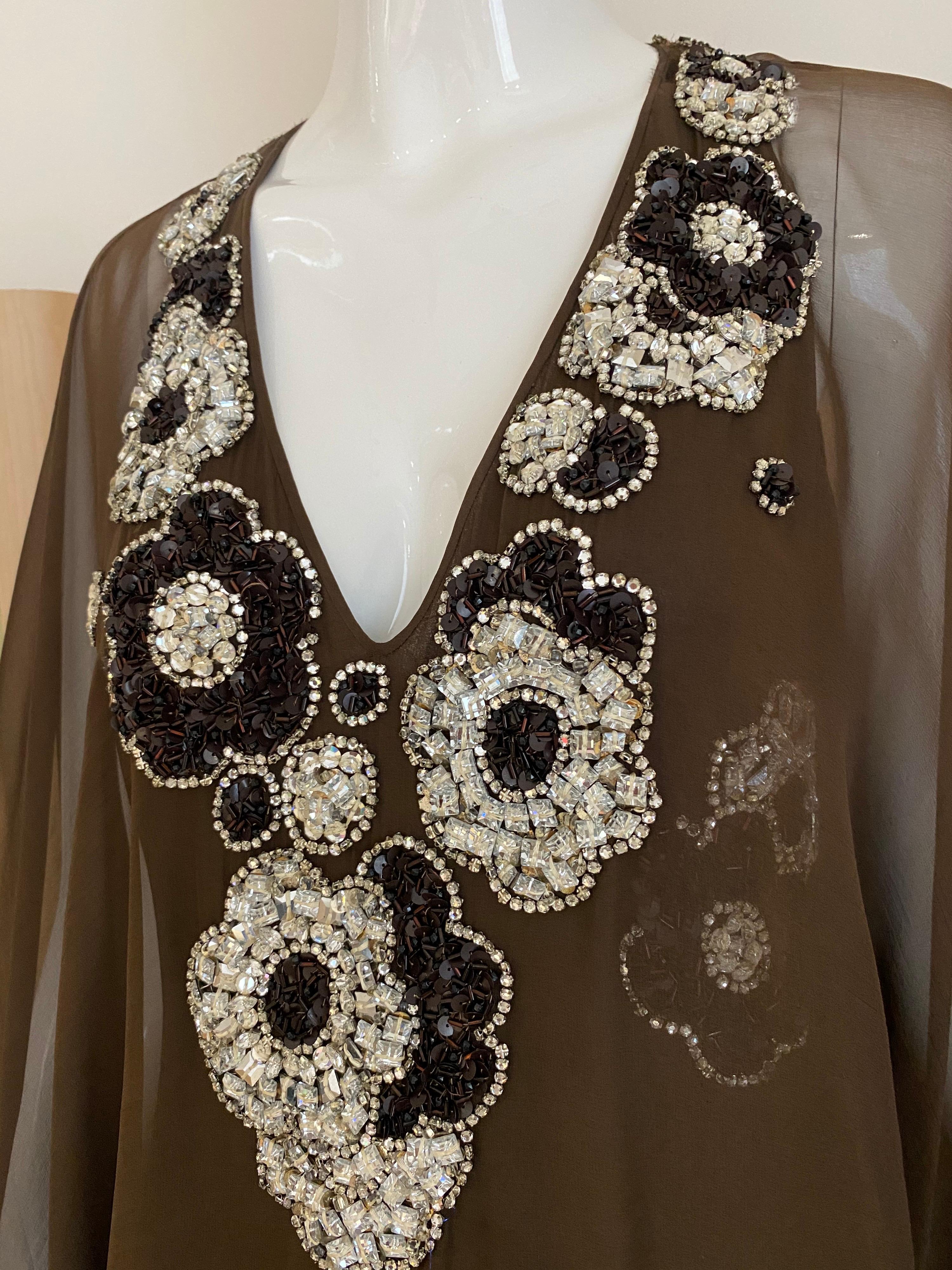 1970s Galanos Brown Silk Gown Embellished in Rhinestones  5