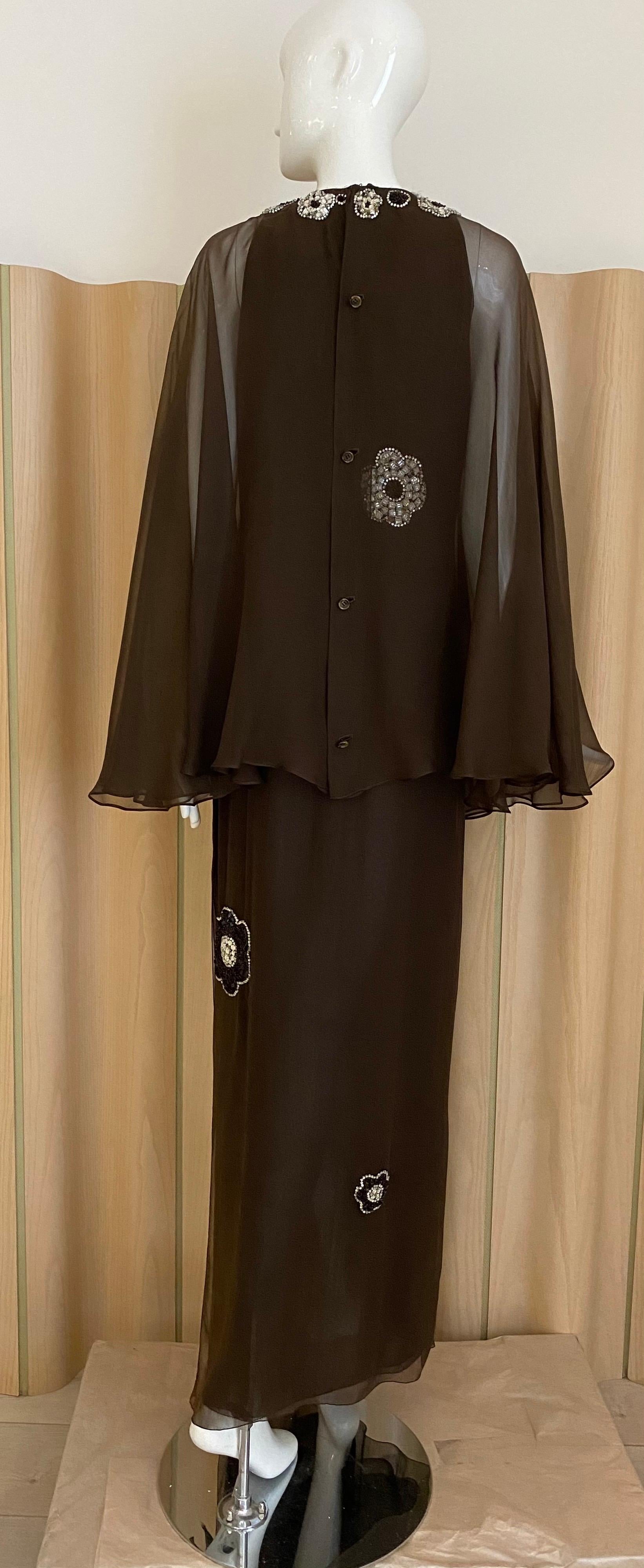 1970s Galanos Brown Silk Gown Embellished in Rhinestones  In Good Condition In Beverly Hills, CA