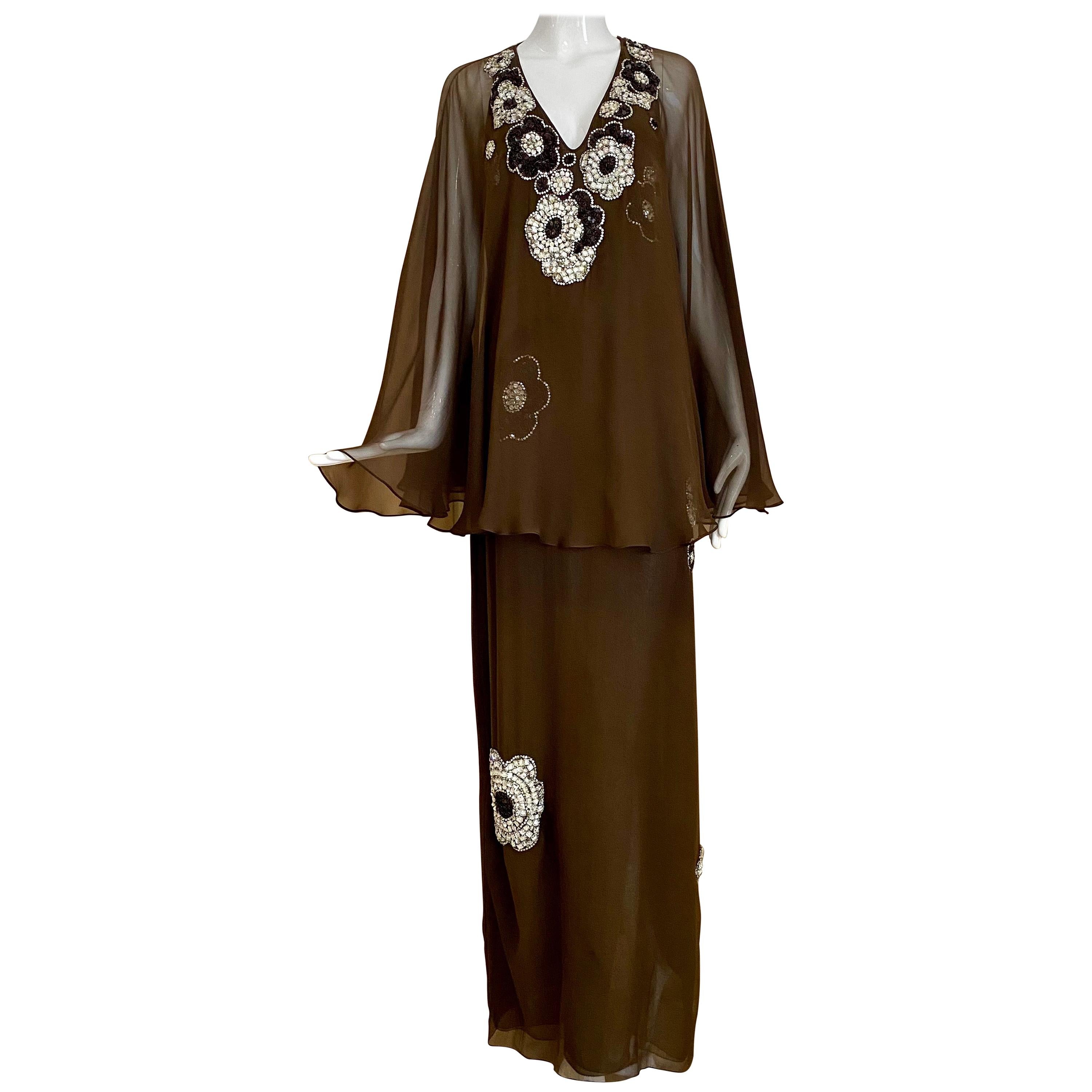 1970s Galanos Brown Silk Gown Embellished in Rhinestones 