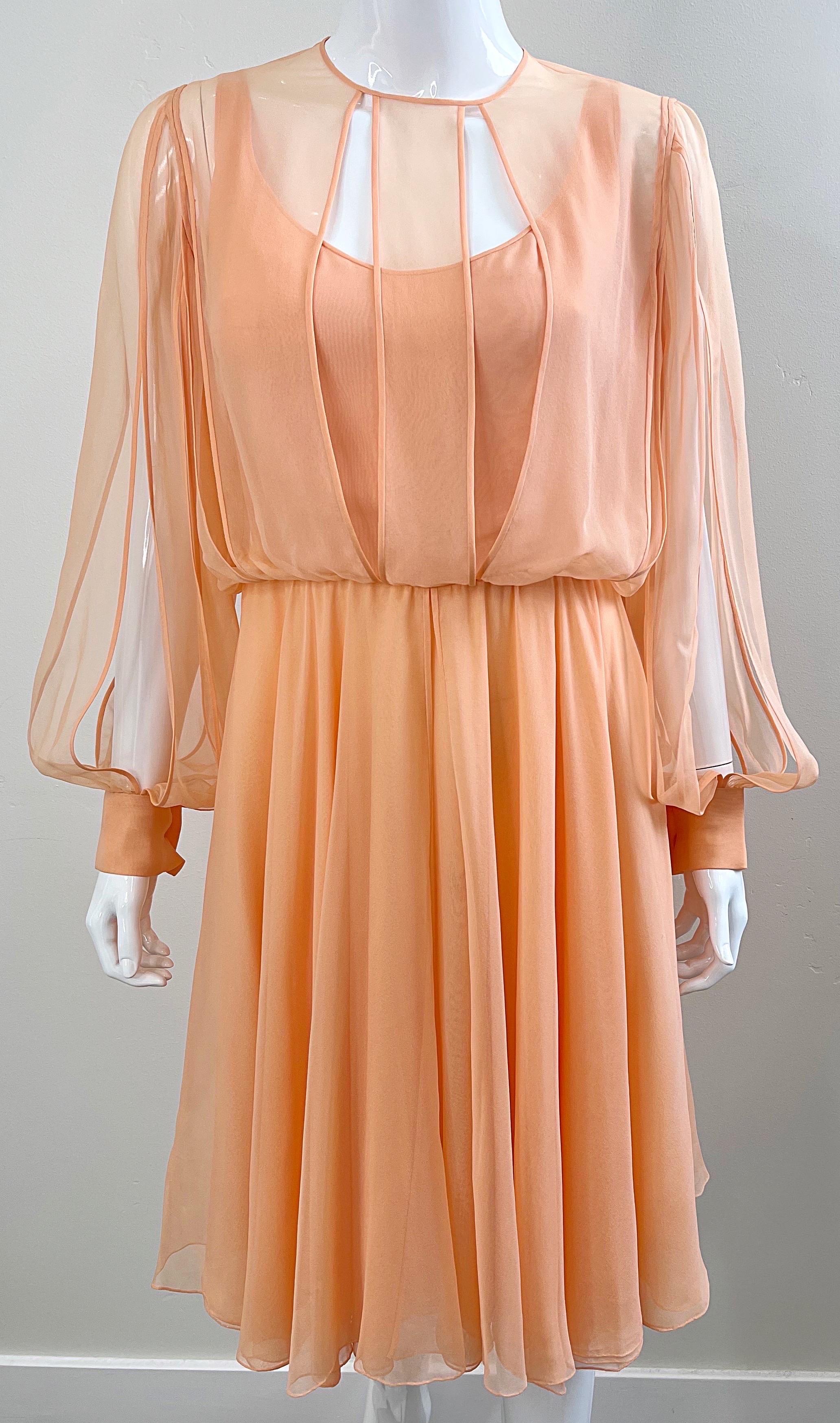 Vintage Galanos Couture 1980s Peach Salmon Silk Chiffon Flowy 80s Dress  For Sale 5