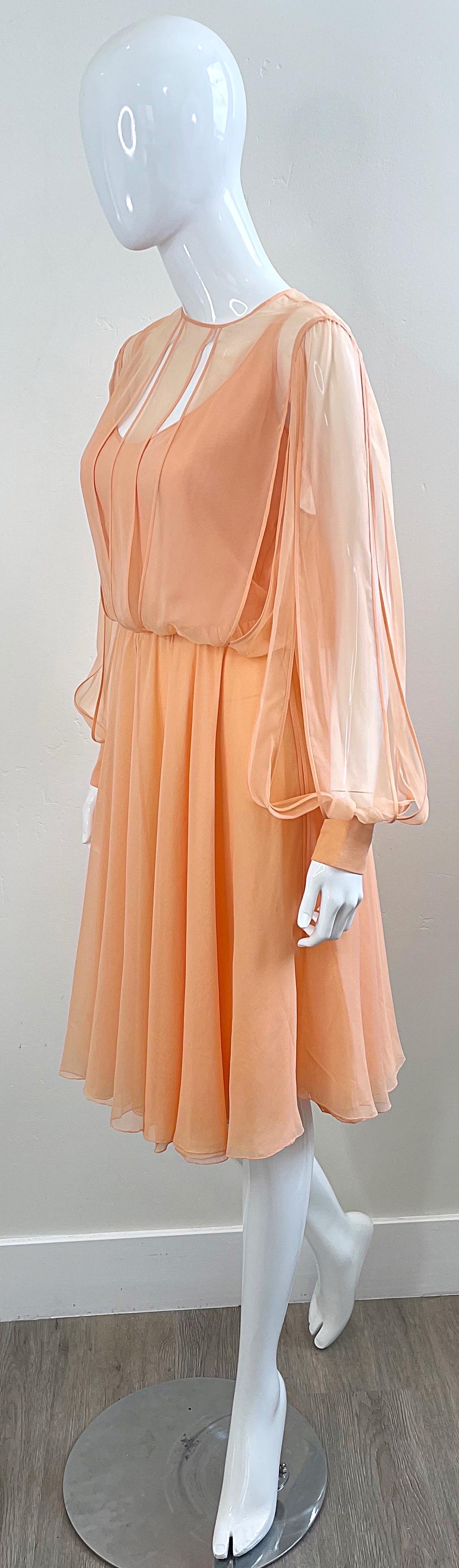 Vintage Galanos Couture 1980s Peach Salmon Silk Chiffon Flowy 80s Dress  For Sale 6