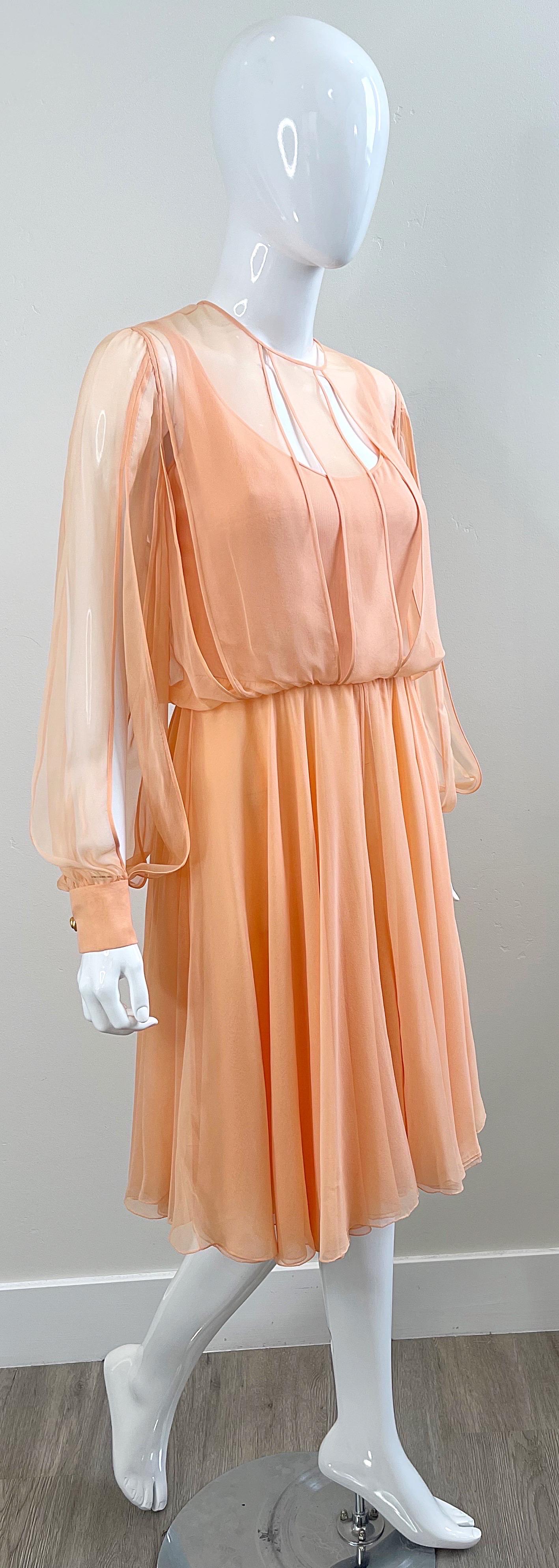 Vintage Galanos Couture 1980s Peach Salmon Silk Chiffon Flowy 80s Dress  For Sale 9