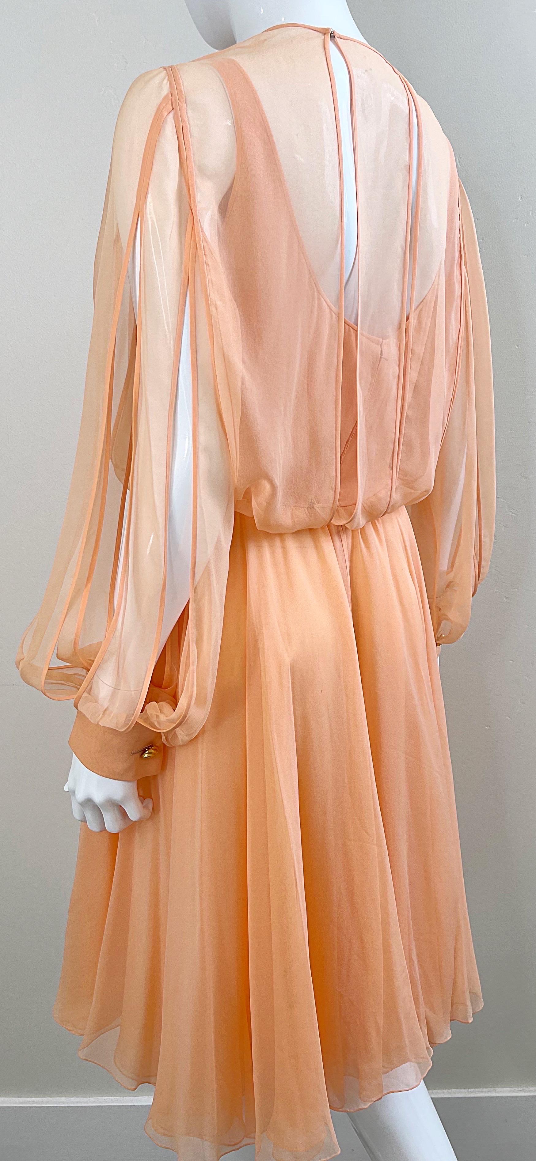 Vintage Galanos Couture 1980s Peach Salmon Silk Chiffon Flowy 80s Dress For Sale 11