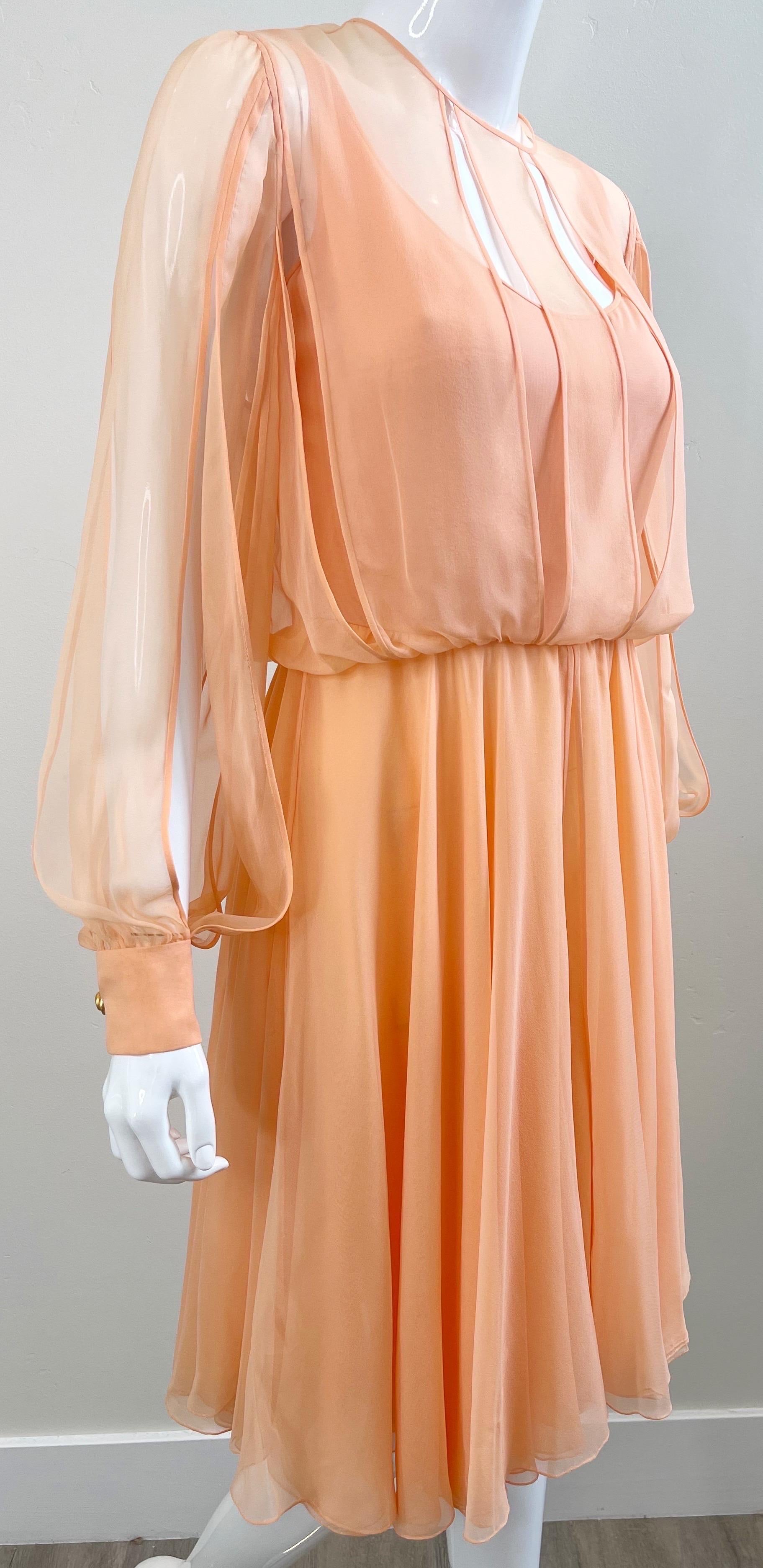 Vintage Galanos Couture 1970s Peach Salmon Silk Chiffon Flowy 70s Dress  For Sale 12
