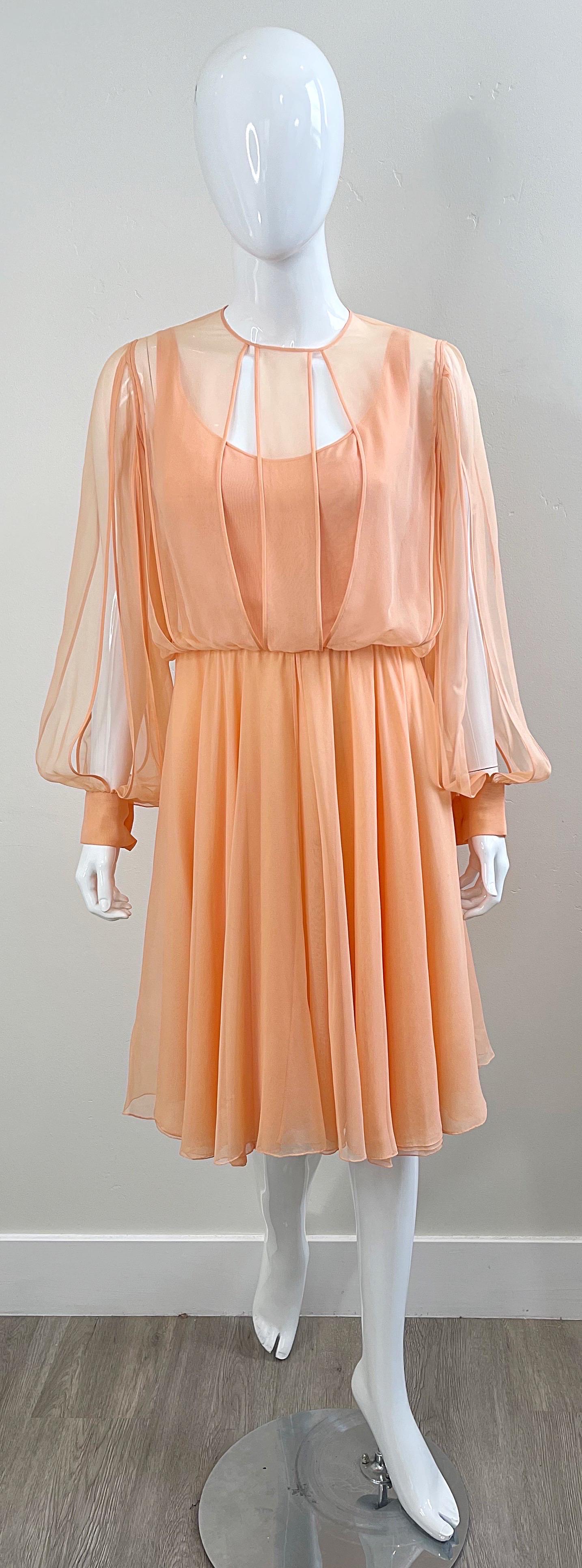 Vintage Galanos Couture 1980s Peach Salmon Silk Chiffon Flowy 80s Dress  For Sale 13