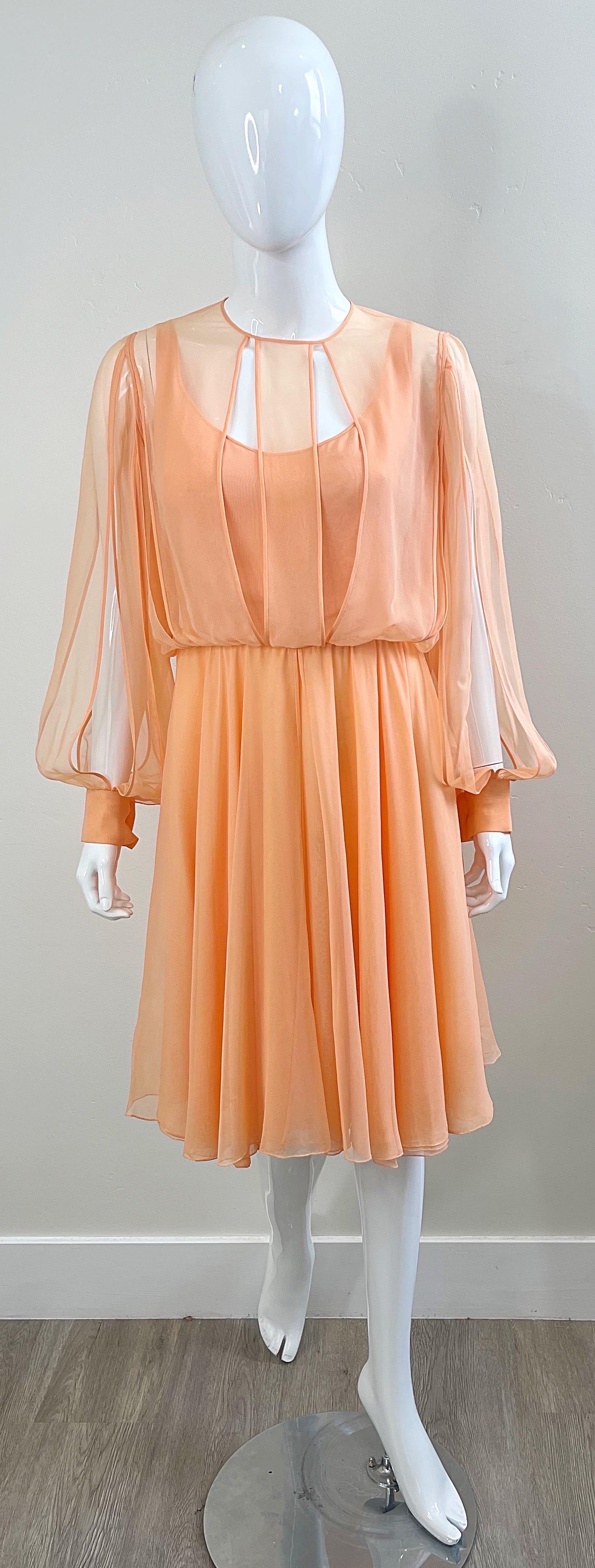 Orange Vintage Galanos Couture 1970s Peach Salmon Silk Chiffon Flowy 70s Dress  For Sale